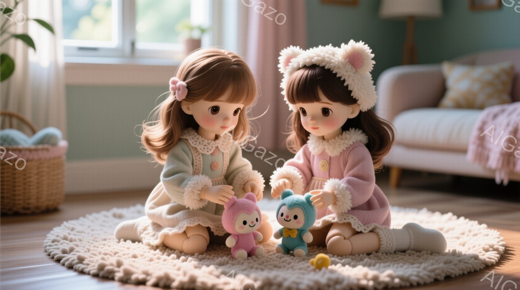 二人の可愛らしい人形が丸いラグの上に座り、小さな動物のぬいぐるみと遊んでいます。人形たちはそれぞれピンクと水色のパステルカラーのセーターを着ており、ふわふわの髪にヘッドバンドをつけています。背景には、籐のバスケットと柔らかい色調のソファがあり、全体的に温かく優しい雰囲気が漂っています。