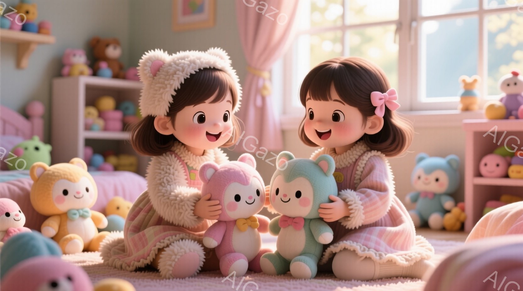 2人の幼い女の子が、ピンクと水色のふわふわしたぬいぐるみのおもちゃを抱きしめて座っています。彼女たちは巻き毛の髪型で、頭にふわふわの帽子をかぶっており、笑顔で幸せそうな表情をしています。背景には、おも - AI生成フリー素材