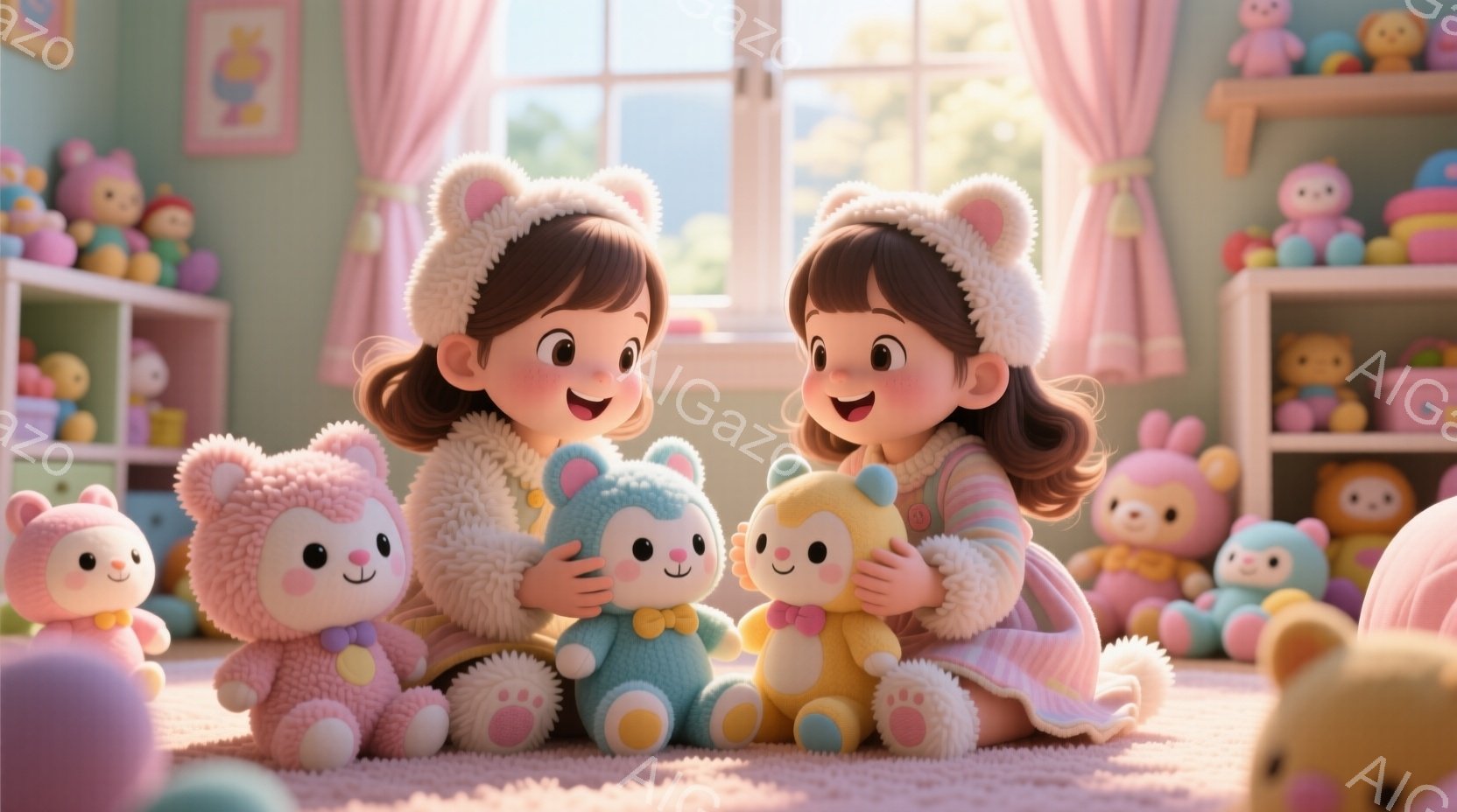 明るい部屋で、茶色の巻き毛の少女がぬいぐるみと一緒に床に座っています。彼女はクリーム色のニット帽を被り、淡いピンク色のセーターを着ています。背景には、パステルカラーの可愛らしいぬいぐるみがたくさん飾ら - AI生成フリー素材