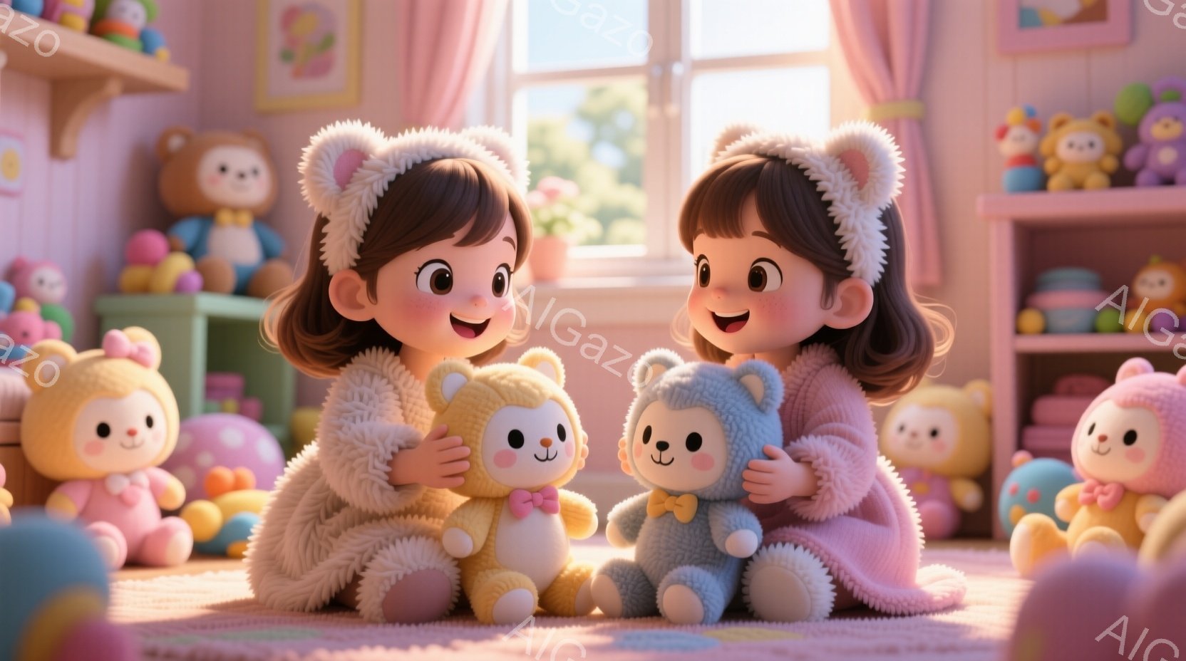 幼い双子の女の子が、ふわふわの毛布に包まれ、それぞれ黄色と水色のテディベアを抱きかかえて座っています。彼女たちは同じ髪型で、前髪を整え、笑顔を見せており、無邪気で幸せな様子が伺えます。背景には、カラフ - AI生成フリー素材