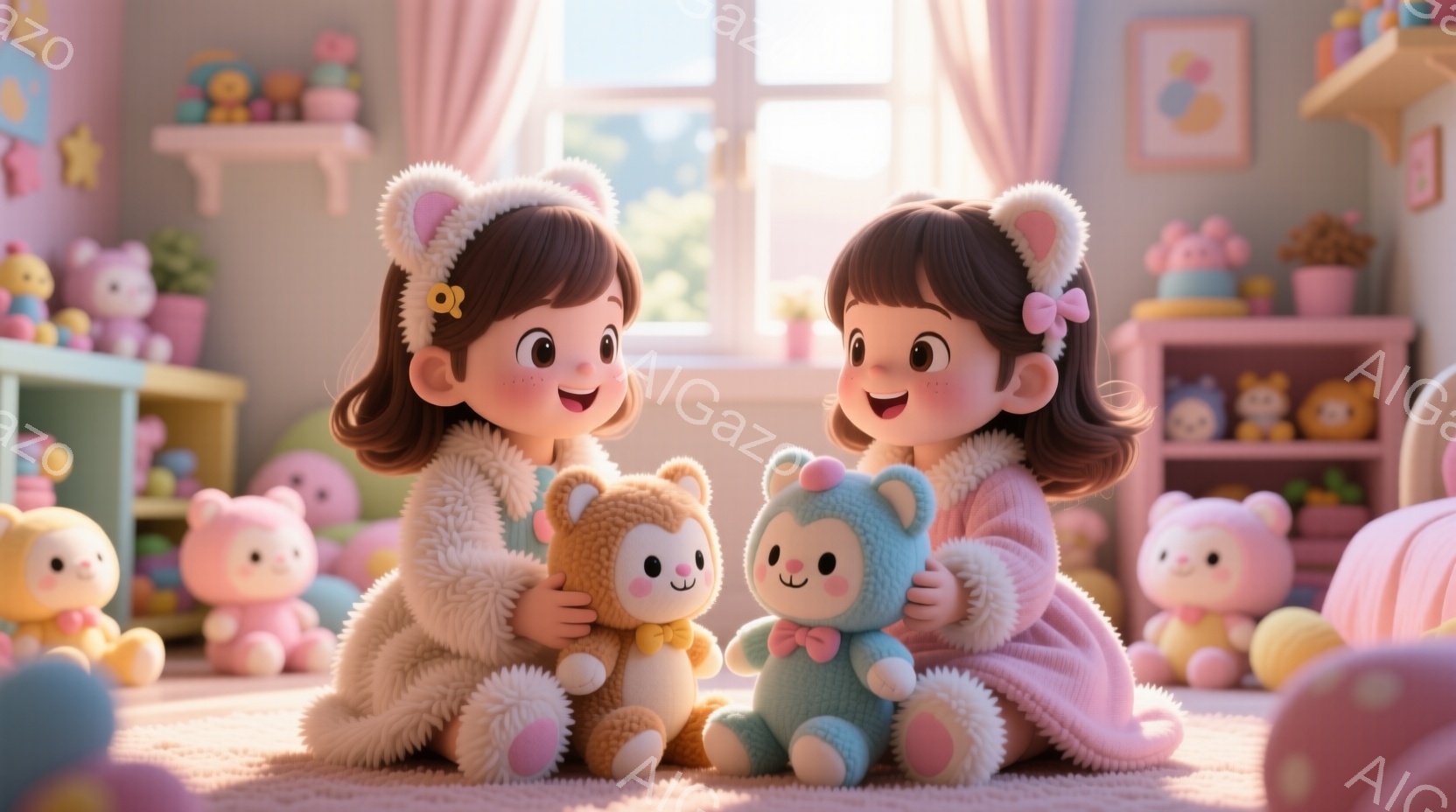 明るい部屋の中で、可愛らしい女の子が二人、それぞれテディベアを抱きかかえて座っています。彼女たちはふわふわの白いマフラーのようなものを羽織り、同じような茶色の髪型で、笑顔でテディベアを見つめています。背景にはパステルカラーのおもちゃがたくさん並び、優しい雰囲気の子供部屋であることがわかります。