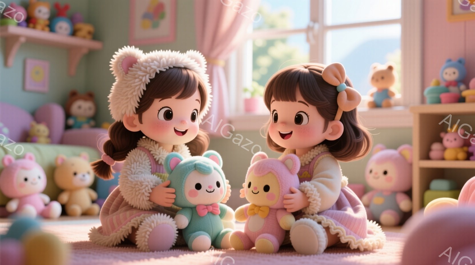 二人の幼い女の子がピンク色のカーペットの上に座り、それぞれぬいぐるみを持っている。彼女たちは茶色の巻き毛に、頭にふわふわした帽子をかぶり、笑顔で互いを見つめている。背景にはおもちゃでいっぱいの棚と、柔らかいピンクと水色の壁があり、温かく優しい雰囲気を醸し出している。