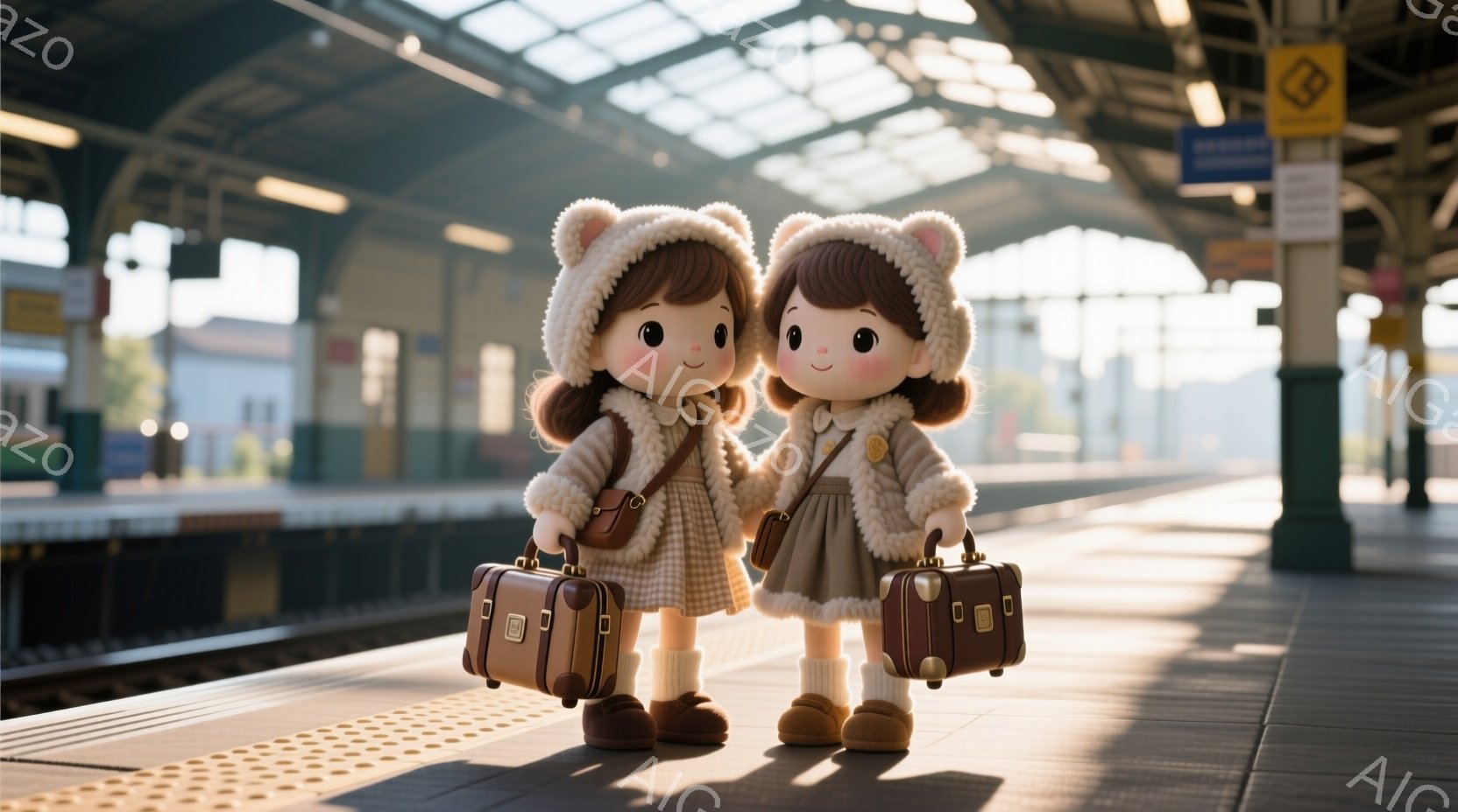 二人の女の子がプラットフォームに立っており、それぞれ小さなキャリーケースを持っています。彼女たちはチェック柄のワンピースに、ふわふわの耳付き帽子と淡い色のセーターを着ており、明るい笑顔を見せています。背景には駅の屋根、線路、そして穏やかな日差しが差し込み、全体的に温かく可愛らしい雰囲気が漂っています。