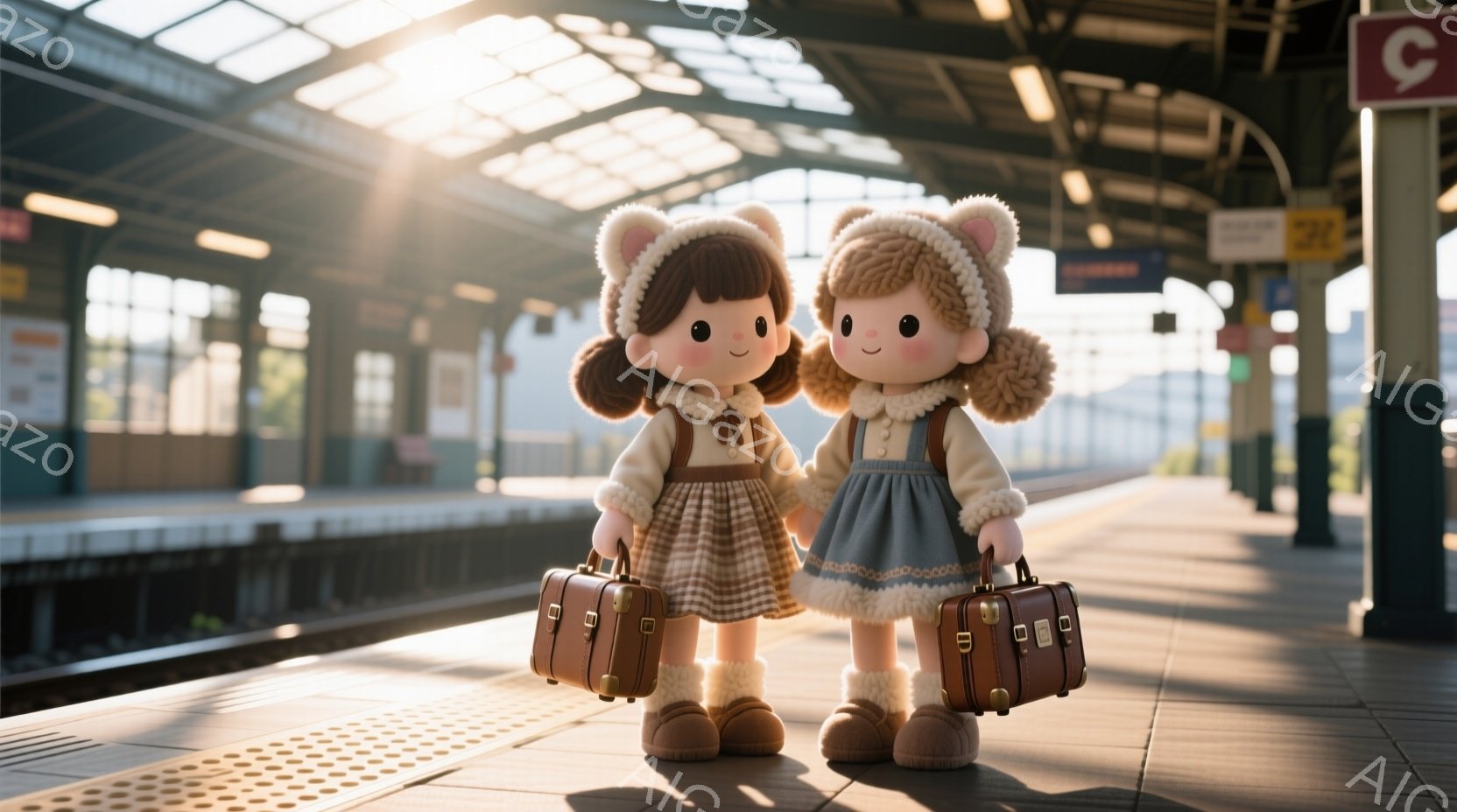 二人の少女は駅のプラットフォームに立っており、それぞれ小さな茶色のトランクを持っています。彼女たちは、ベージュ色のコートに、チェック柄のスカートと、ふわふわした髪飾りとブーツを身に着けており、可愛らしい笑顔を浮かべています。背景は、天井が高く、柱が並んだ駅構内で、薄暗い光が差し込み、どこかノスタルジックな雰囲気を醸し出しています。