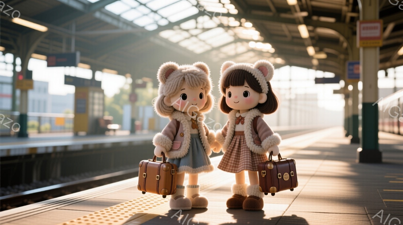 2人の若い女性がプラットフォームの上に立っており、それぞれが小さなレトロなスーツケースを持っています。彼女たちは茶色とベージュを基調とした冬の服装で、ふわふわの帽子、チェック柄のスカート、そして暖かそうなブーツを履いています。プラットフォームは鉄道の線路に沿って伸びており、背景にはぼやけた駅舎が見え、暖かい光が差し込み、全体的にノスタルジックで穏やかな雰囲気を醸し出しています。