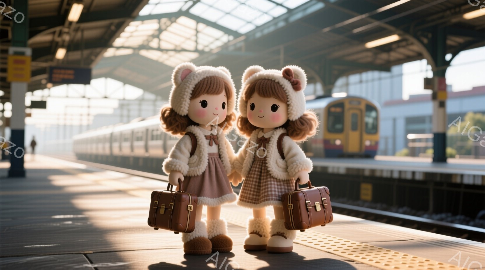 ふたつの可愛らしい人形が駅のプラットフォームに立っています。人形たちはチェック柄のスカート、ふわふわのブーツ、白い帽子をかぶり、それぞれ茶色の小さなトランクを持っています。背景には電車が停車しており、駅の屋根と自然光が暖かく、優しい雰囲気を醸し出しています。