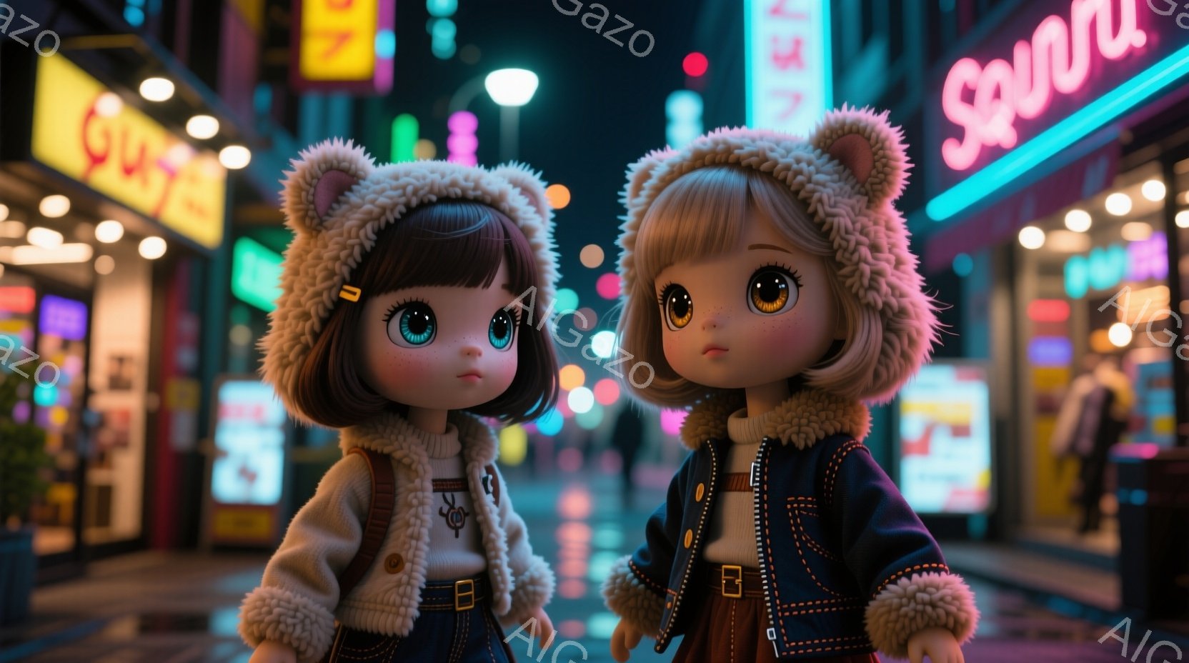 夜の街並みを背景に、可愛らしい人形が二体並んで立っています。人形はそれぞれクリーム色のふわふわした帽子を被り、茶色い巻き毛の髪をしています。背景にはネオンサインが輝き、雨上がりの濡れた路面が反射し、少 - AI生成フリー素材