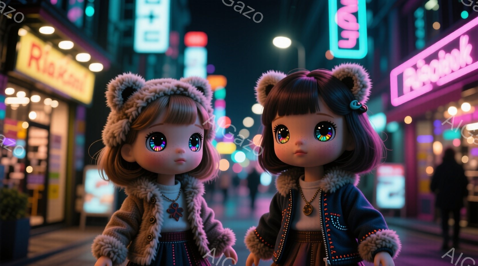 夜の街並みを背景に、2人の人形が並んで立っています。人形たちは、ふわふわのファーがついたフード付きのジャケットを着用し、同じようなダークブラウンの短い髪型をしています。背景には、ネオンサインが輝くビルや、ぼやけた人々の姿が見え、賑やかで幻想的な雰囲気が漂っています。