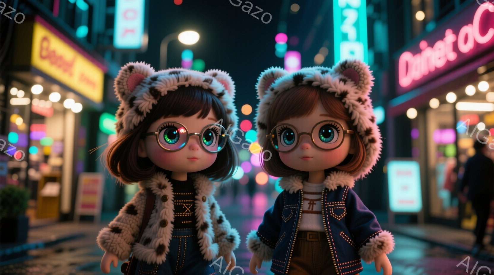2人の若い女性が並んで立っており、それぞれレオパード柄のジャケットと、ポンポン付きの動物の耳がついた帽子を被っています。彼女たちは大きな丸いメガネをかけ、夜の街並みを背景に、やや前傾姿勢で立っています。背景にはネオンサインが輝き、雨が降ったと思われる濡れた路面が、幻想的で活気のある雰囲気を作り出しています。