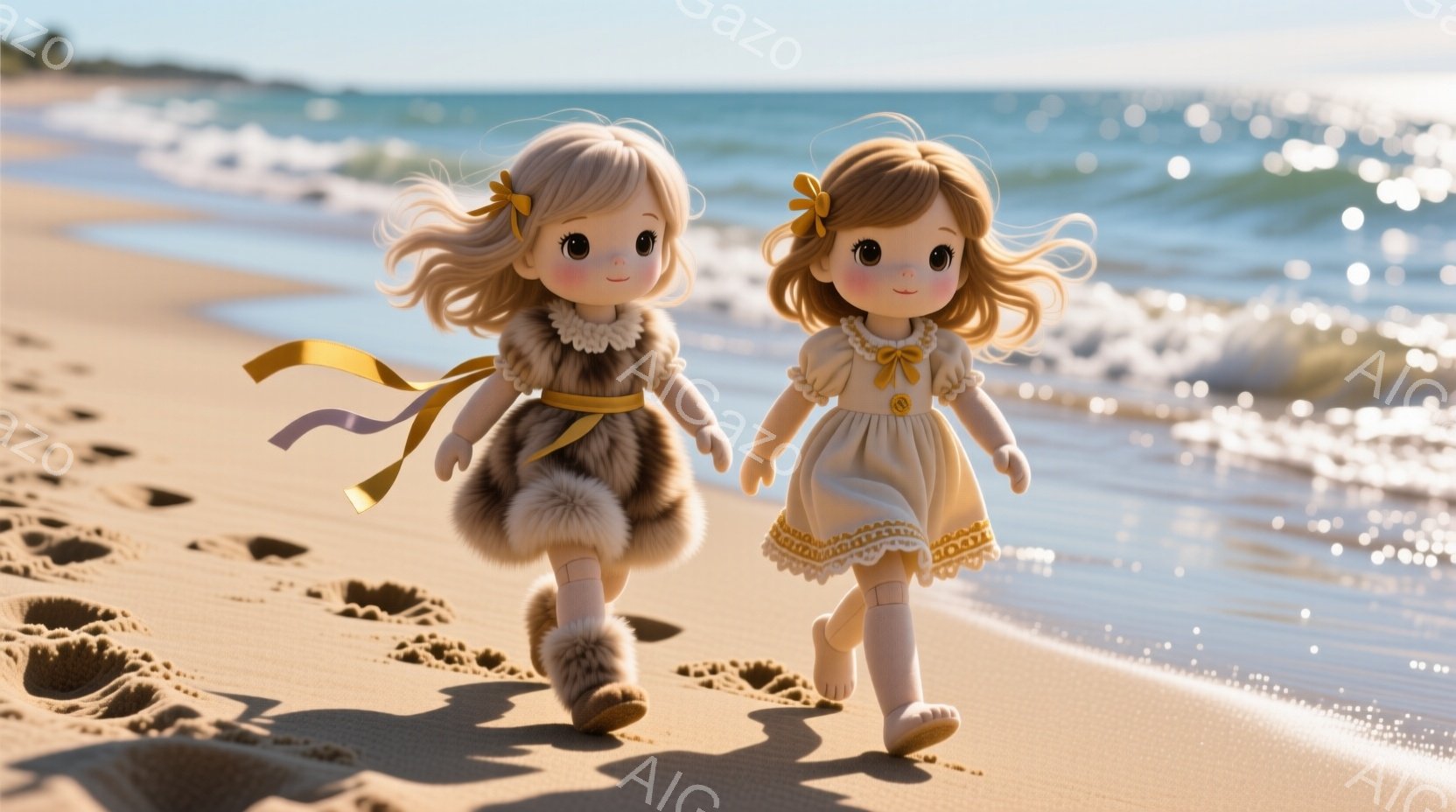 浅い砂浜を、金髪の巻き毛の双子の少女が歩いている。彼女たちはクリーム色のワンピースに、ふわふわの毛皮のブーツを履いており、それぞれリボンで髪を結んでいる。背景には穏やかな海と、日の光が反射する砂浜が広 - AI生成フリー素材