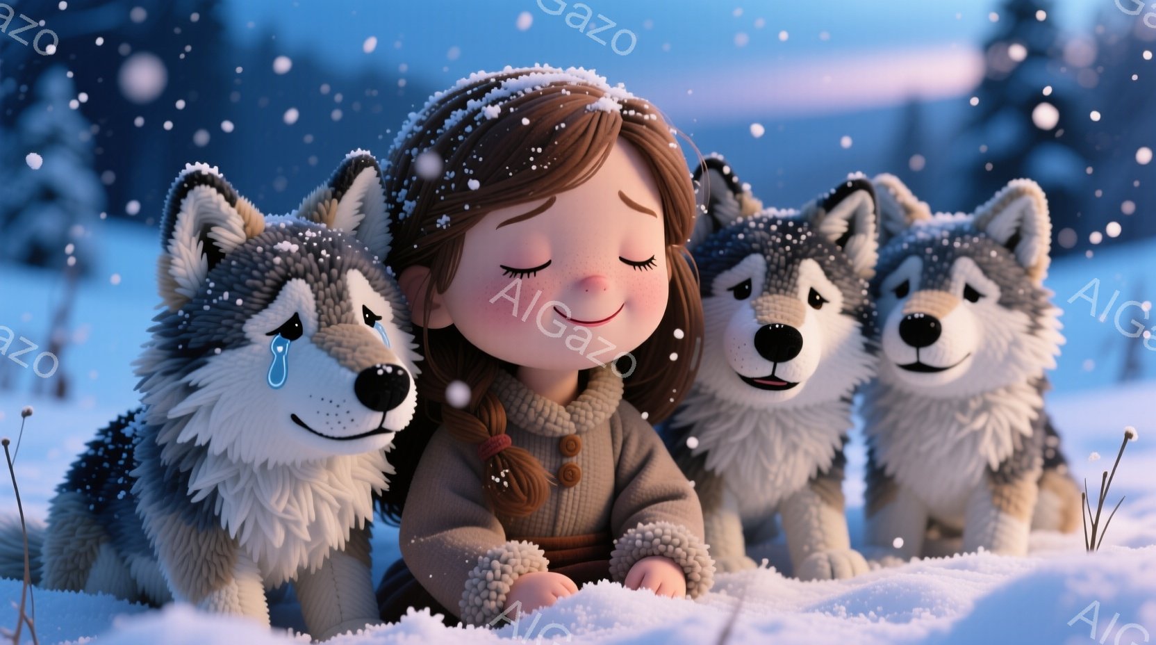 少女は雪の中に座り、両側に灰色のオオカミが寄り添っています。彼女は茶色の髪を三つ編みにし、ベージュのセーターとふわふわの袖のジャケットを着て、穏やかな微笑みを浮かべて目を閉じています。背景には雪に覆わ - AI生成フリー素材