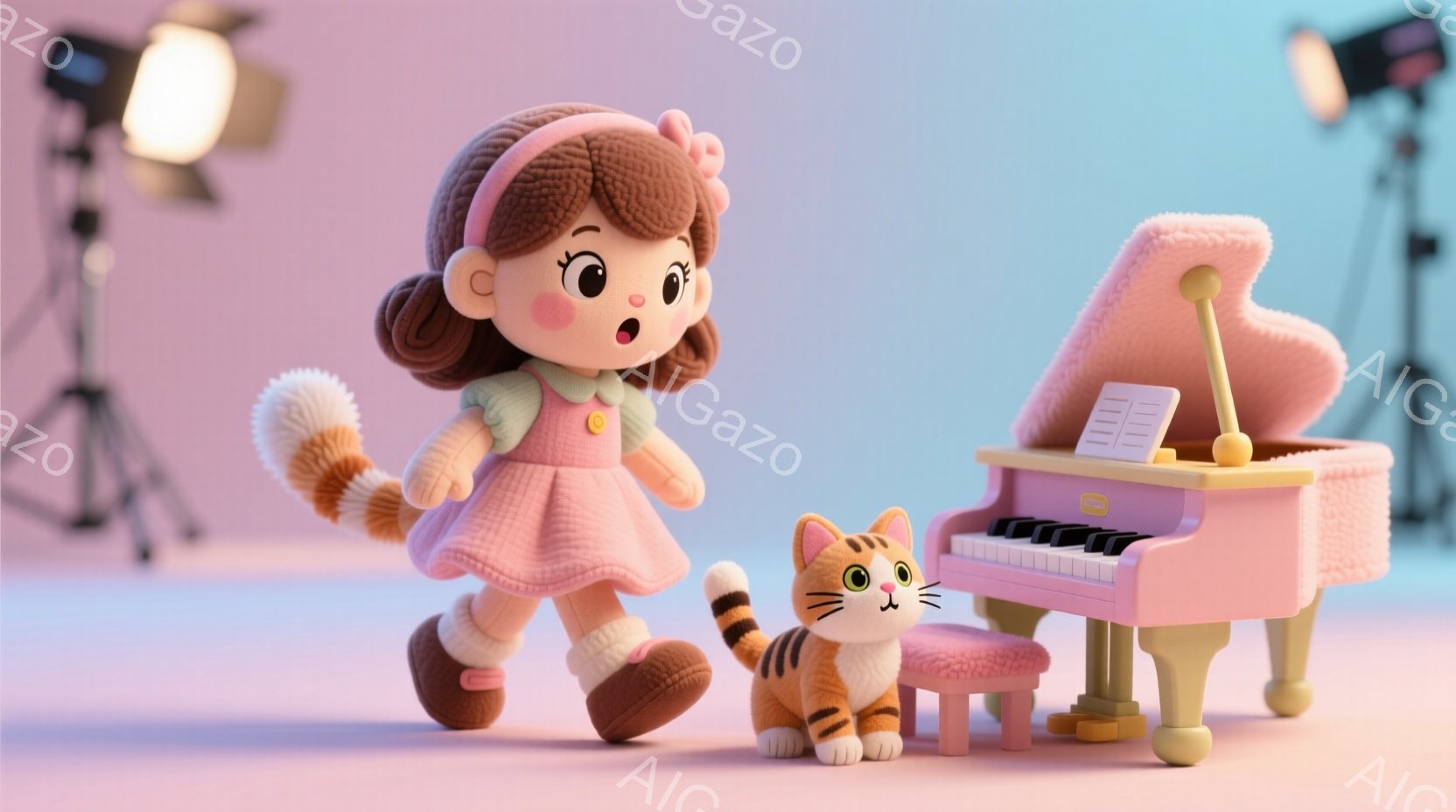 明るいピンク色の背景に、茶色の巻き毛の少女とオレンジ色の縞模様の猫が立っています。少女はピンクのワンピースとブーツを着ており、嬉しそうな表情をしています。猫は少女の足元で、小さなピンク色のピアノの前に - AI生成フリー素材