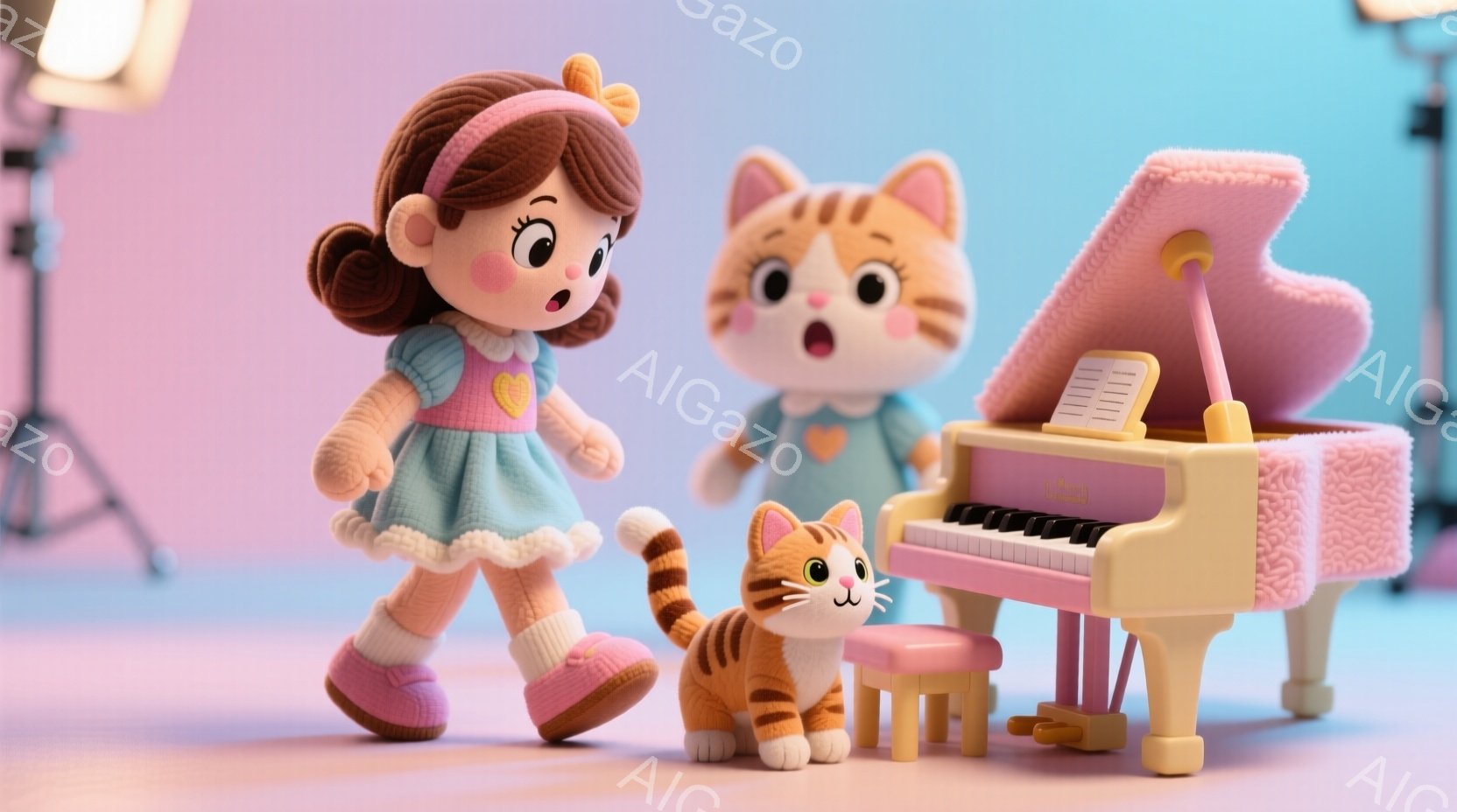 明るいピンク色の背景に、茶色の巻き髪をした女の子とオレンジ色の縞模様の猫が描かれています。女の子は水色のフリル付きのドレスとふわふわのブーツを履いて、少し驚いた表情で歩いています。猫はピアノの前に座り、女の子を見上げて歌っているような、可愛らしい雰囲気です。
