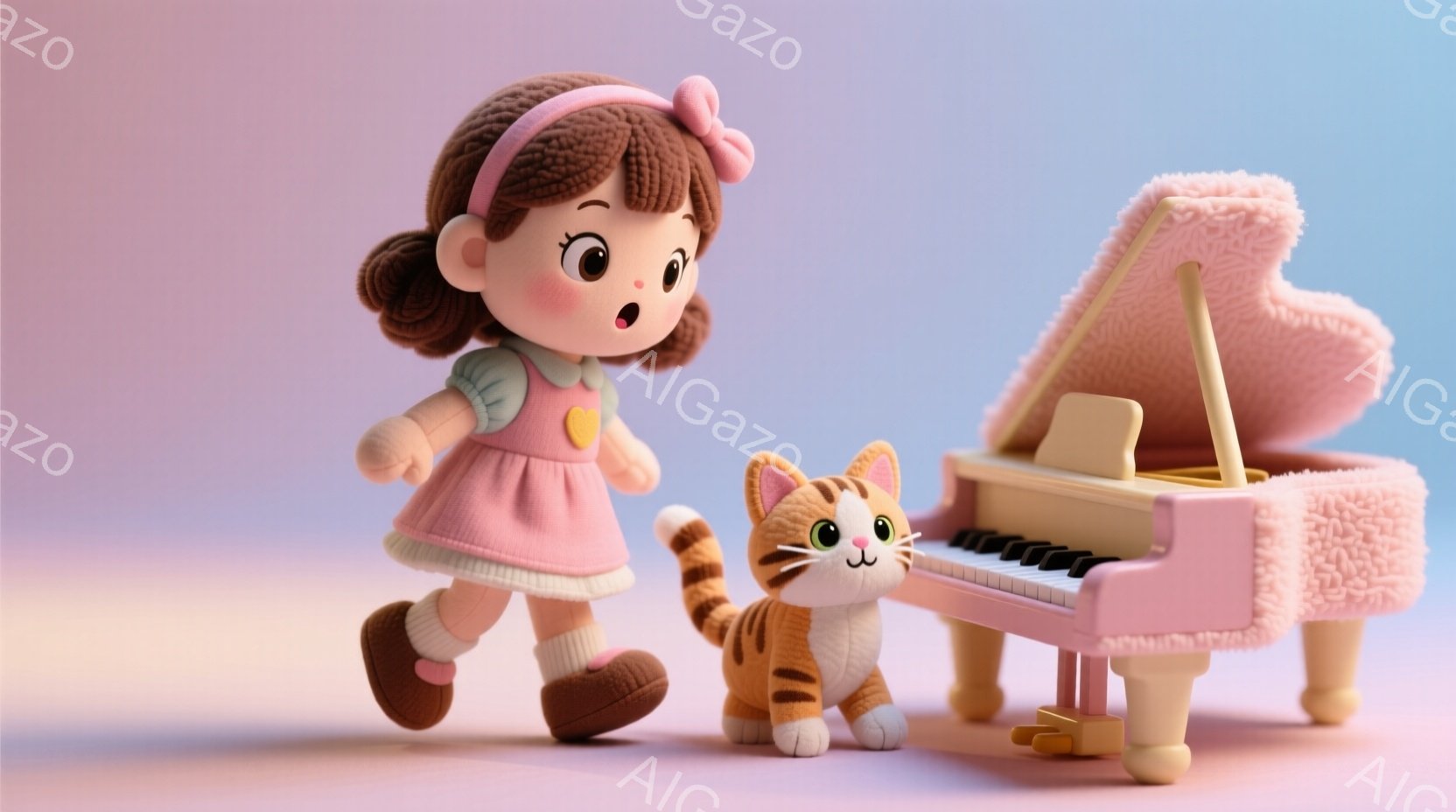 明るいピンク色の背景に、茶色の巻き毛の女の子とオレンジ色の縞模様の猫が立っています。女の子はピンク色のワンピースと茶色の靴を履いており、元気いっぱいの表情をしています。猫は女の子の足元に寄り添い、ピアノを見上げています。