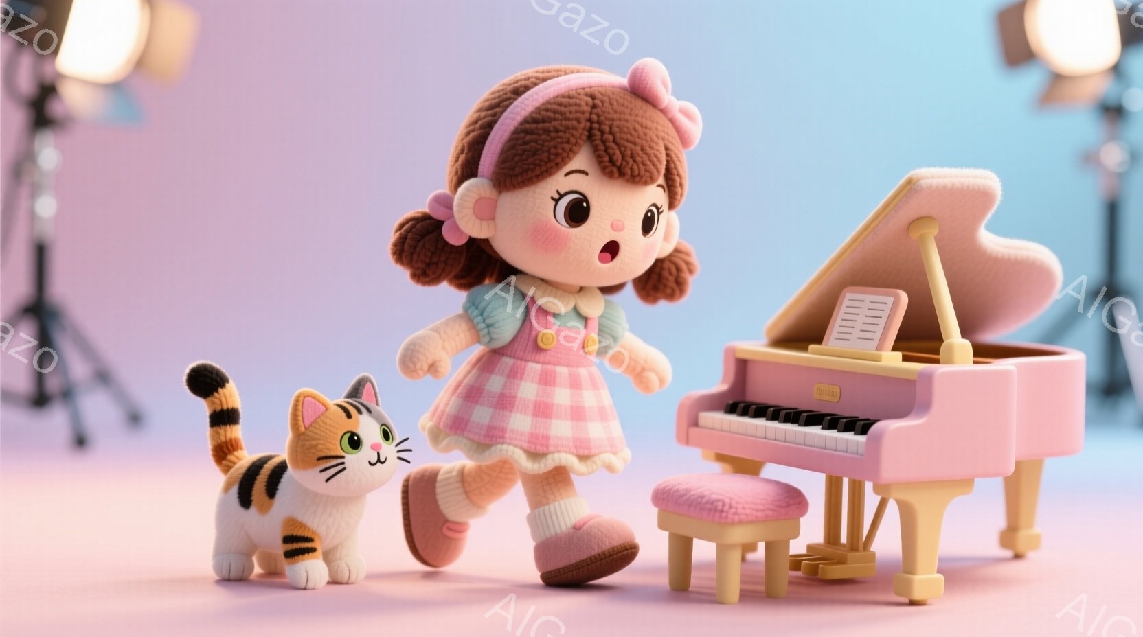 明るいピンク色の背景に、茶色の巻き毛の少女と縞模様の猫が描かれています。少女はピンクと白のチェック柄のスカートとクリーム色のセーターを着ており、満面の笑みを浮かべて、小さなピンクのピアノに向かって歩い - AI生成フリー素材