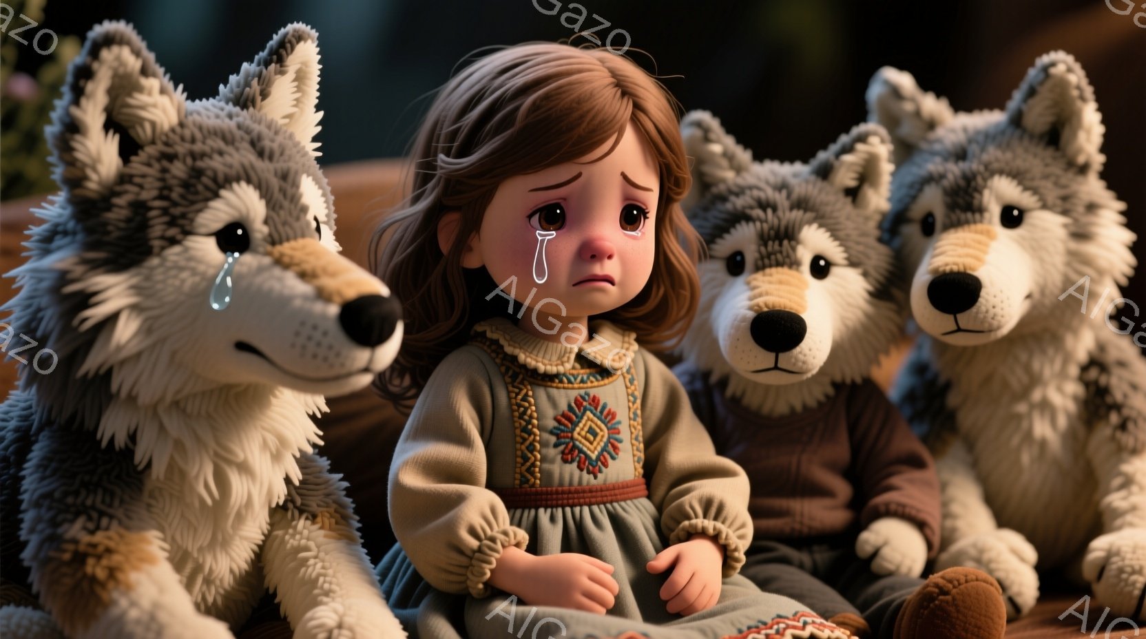 少女は悲しげな表情で座っており、頬から涙が流れ落ちています。彼女は、民族調の刺繍が施された袖と襟の灰緑色のドレスを着ており、茶色の髪は肩まで伸びています。彼女の周りには、毛並みの美しい３匹の狼が寄り添っており、暗く木製の背景が、切なく優しい雰囲気を醸し出しています。