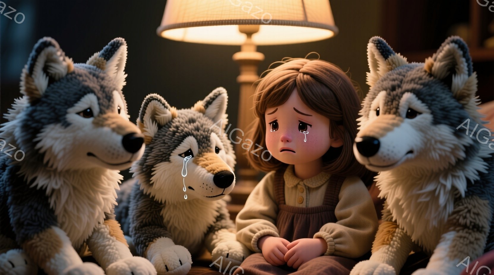 小さな女の子が悲しそうな表情で座っており、彼女の目からは涙がこぼれている。彼女は黄土色のセーターと茶色のスカートを着ており、茶色の髪は肩までの長さで、首には小さなリボンが付いている。彼女の両側には、同じように悲しそうな表情をした2匹の毛むくじゃらのオオカミが座っており、背景には暖かく穏やかな光を放つテーブルランプがある。