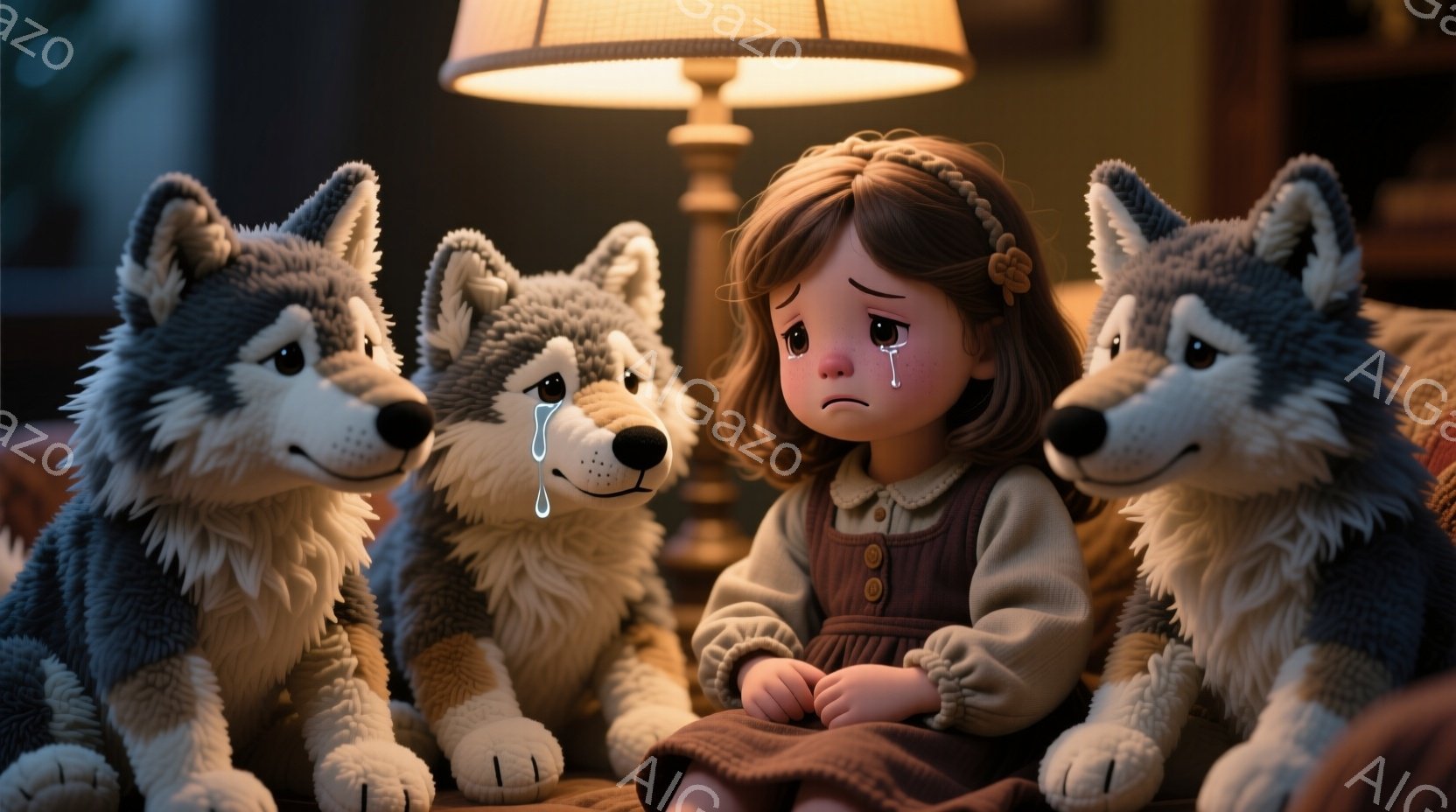 少女は膝を抱え、悲しみの涙を流している。彼女はボタンが並んだ茶色のワンピースを着ており、髪は三つ編みにされ、前髪が額にかかっている。背景には、悲しげな表情を浮かべた3匹の狼のぬいぐるみがあり、全体的に - AI生成フリー素材