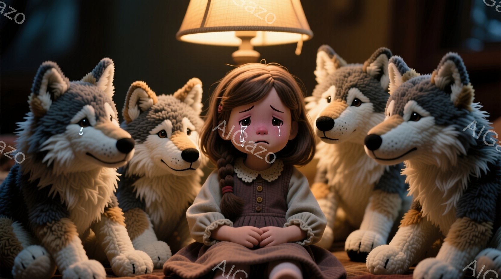 茶色の髪を三つ編みにした少女が、両膝を抱えて座っており、目から涙が流れています。彼女は茶色と灰色のドレスを着ており、周りにはふわふわの灰色の狼が四匹寄り添っています。背景は暗く、暖色系の光を放つランプ - AI生成フリー素材
