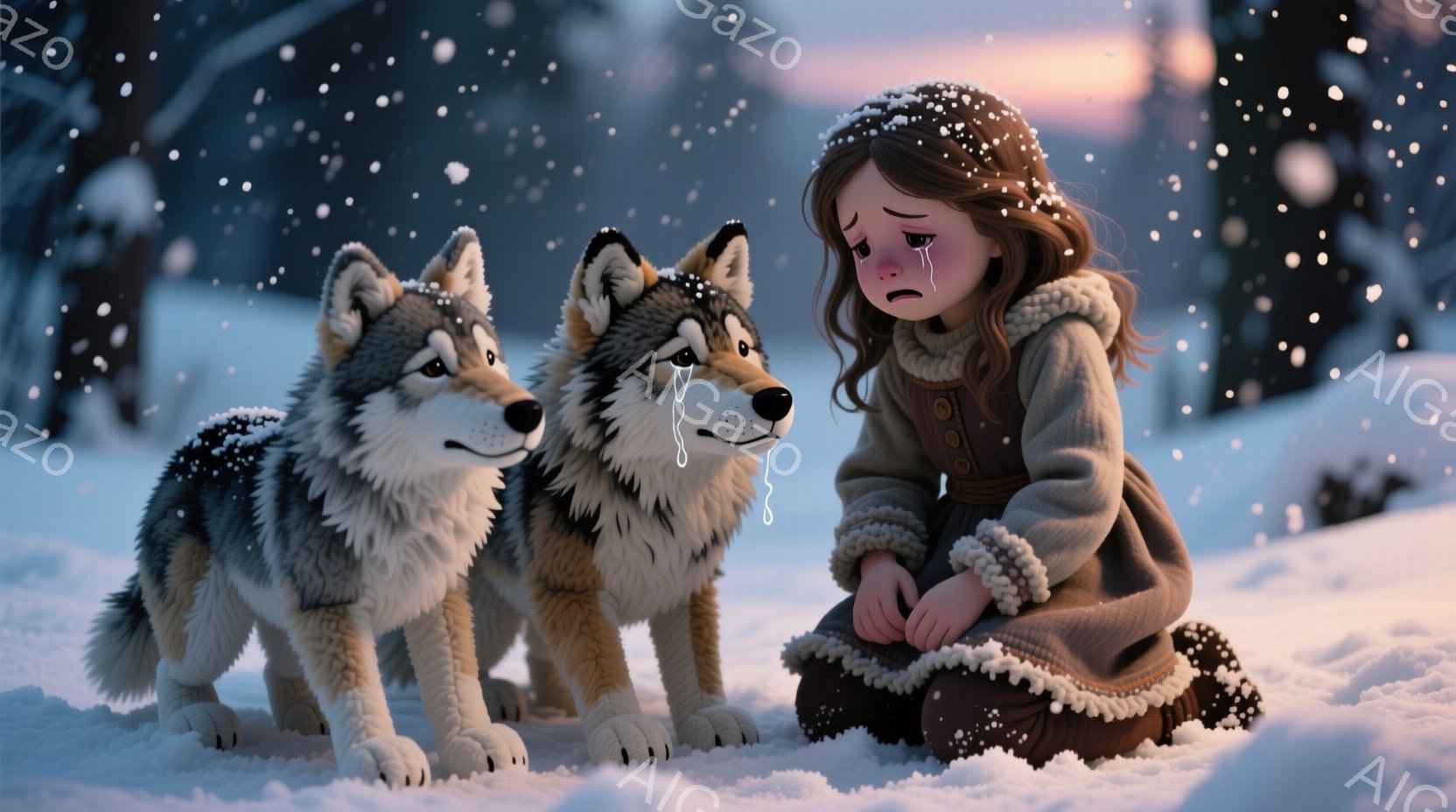 雪景色の中で、少女が両膝を抱えて座り、涙を流している。少女は茶色の毛髪を頭にまとめ、茶色とクリーム色の縁取りのあるコートを着ている。二匹の狼が少女の横に立ち、心配そうな表情で彼女を見つめている。 - AI生成フリー素材