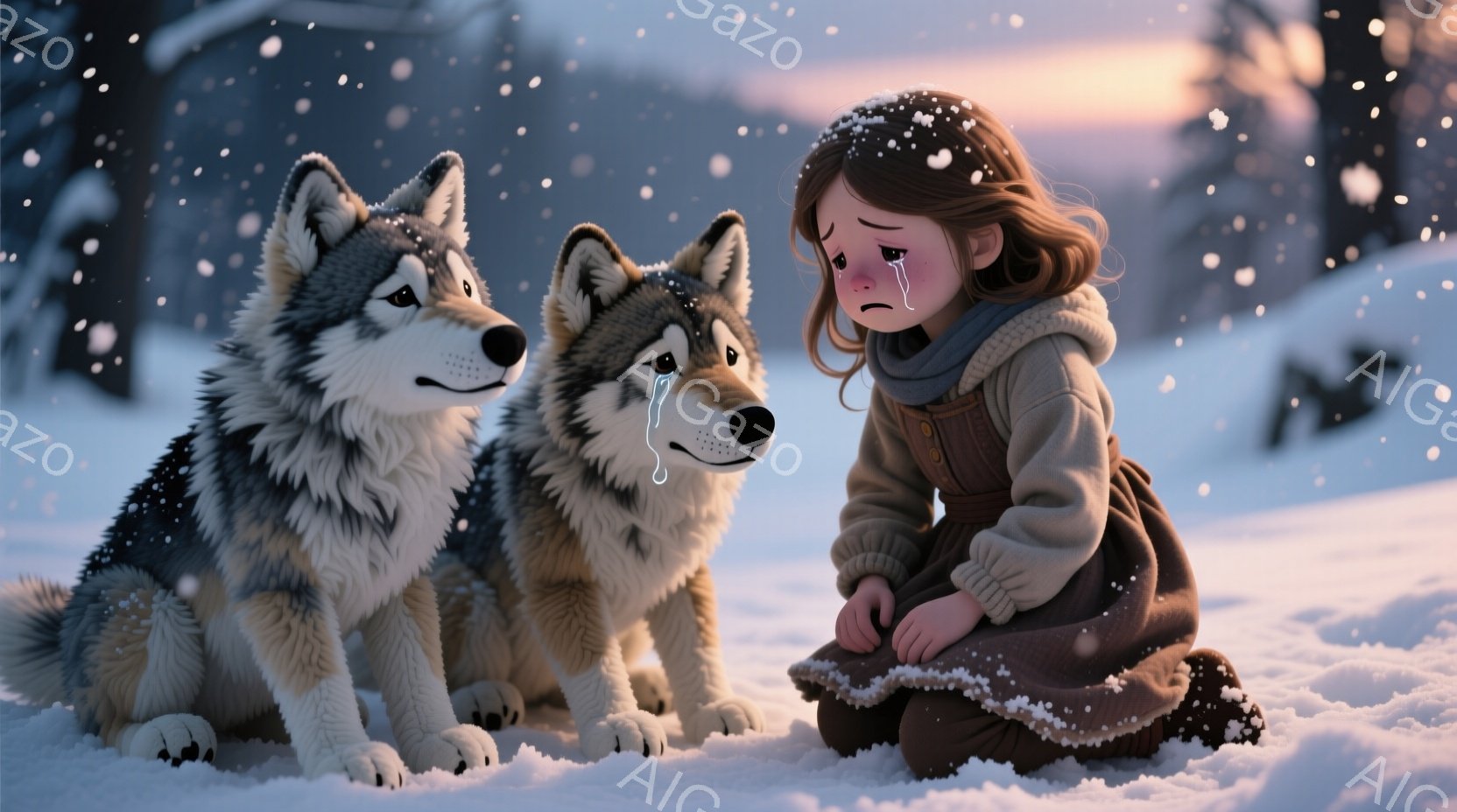 雪景色の中に少女と二匹のハスキー犬が描かれています。少女は膝を抱え、涙を流しており、茶色のカールした髪とベージュのセーターとスカートを着ています。犬たちは少女の隣に座り、心配そうな表情を浮かべており、 - AI生成フリー素材
