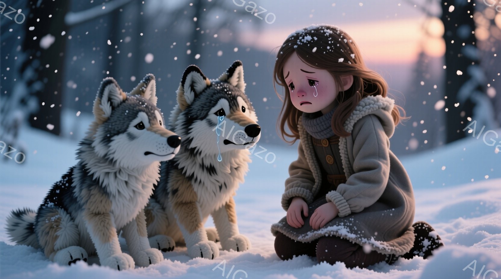 雪景色の中で、少女が両膝を抱えて座り、涙を流している。彼女は茶色の髪を肩まで下ろし、茶色のコートとセーターを着ている。二匹のハスキー犬が少女の横に座り、同じように涙を流している様子が、悲しげな雰囲気を - AI生成フリー素材