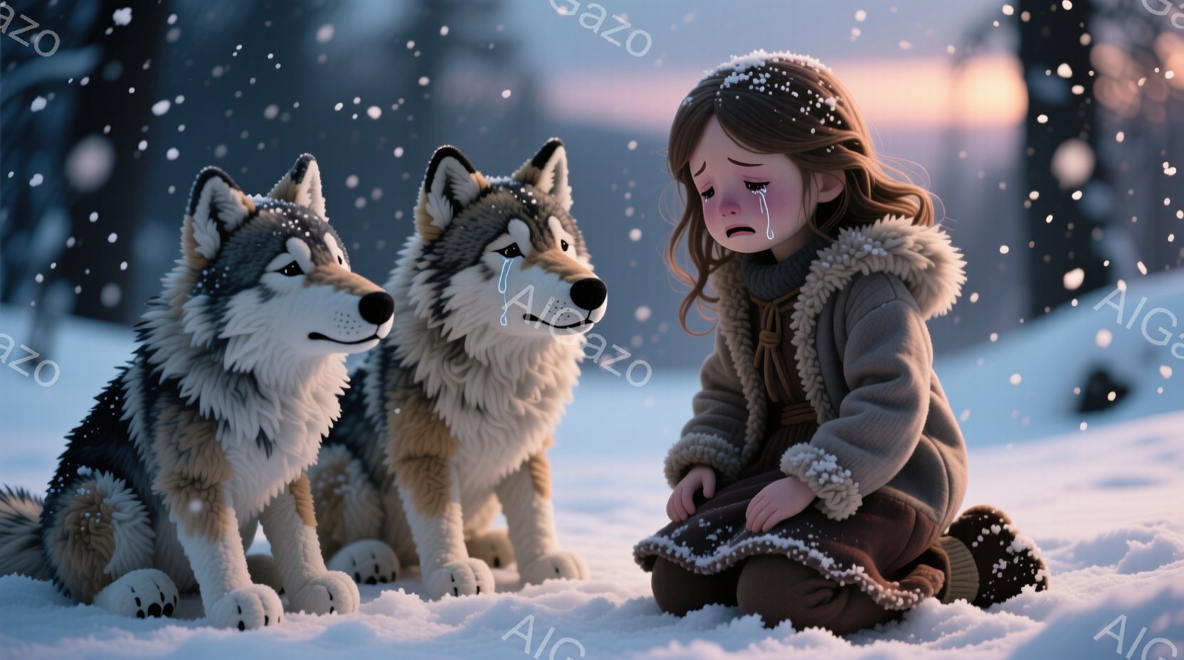 雪景色の中で、少女が両膝を抱えて座り込み、涙を流している。彼女は茶色の髪を三つ編みにし、毛皮の襟付きの濃いグレーのドレスを着ている。二匹のハスキー犬が少女の横に座り、心配そうに彼女を見つめている。