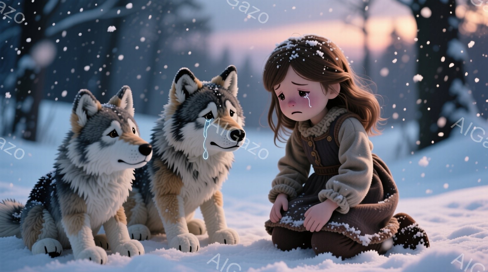 雪景色の中に、少女と二匹の狼が描かれています。少女は膝を抱え、悲しげな表情で涙を流しており、茶色の巻き毛は肩にかかっています。背景には雪に覆われた木々と、夕焼けのような薄暗い空が広がり、全体的に物悲し - AI生成フリー素材