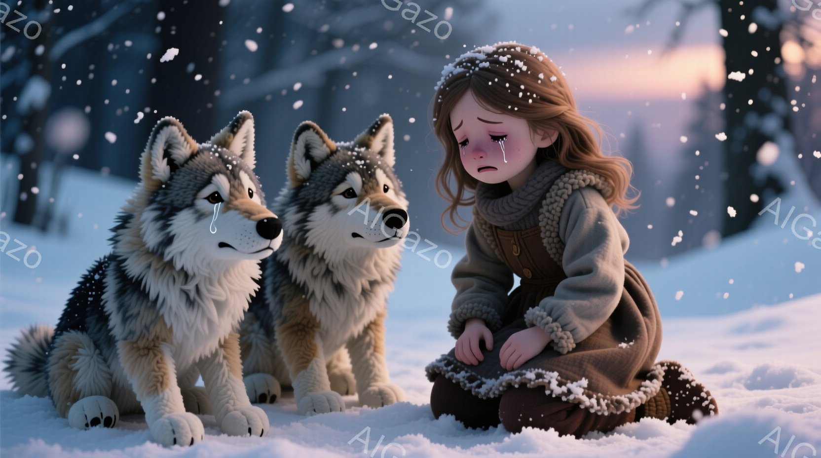 雪景色の中で、少女がうずくまり、涙を流している。茶色の巻き毛に、毛皮の縁取りのある茶色のコートとスカート姿で、悲しみに暮れた表情をしている。二匹の狼が少女の隣に寄り添い、同じように涙を流しており、雪が - AI生成フリー素材