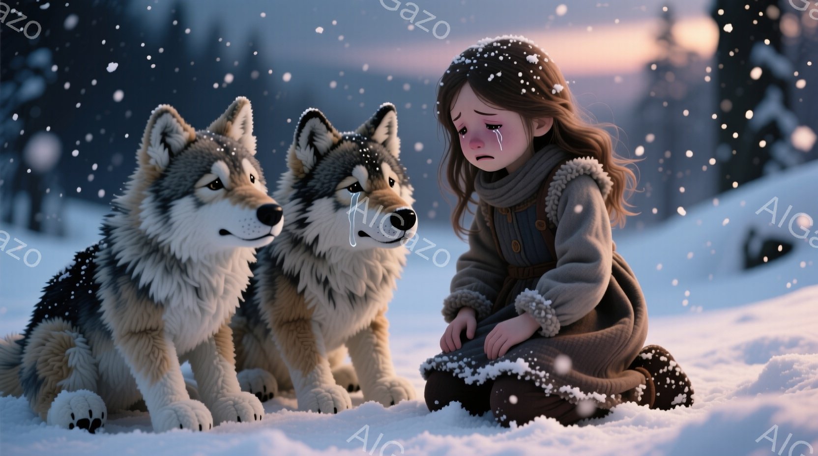 雪景色の中で、少女が膝を抱えて泣いています。彼女は茶色の髪をしています。厚手の茶色のジャケットを着ており、表情は悲しみに満ちています。二匹のオオカミが少女の横に座り、同じように涙を流しています。背景は雪に覆われた森で、夕焼けが空をオレンジ色に染めており、全体的に切なく、感動的な雰囲気が漂っています。