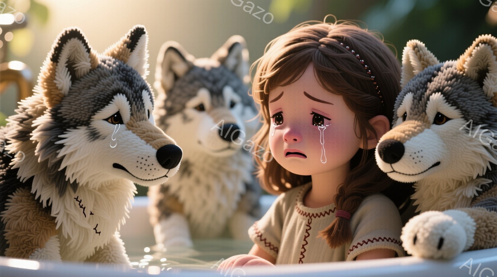 少女は、赤いリボンで結ばれた茶色の髪を持ち、薄いベージュ色のステッチの入ったドレスを着ています。彼女は涙を流しており、悲しげな表情をしています。周囲には、毛並みが特徴的なハスキー犬が４匹寄り添い、彼女を見守るように配置されています。