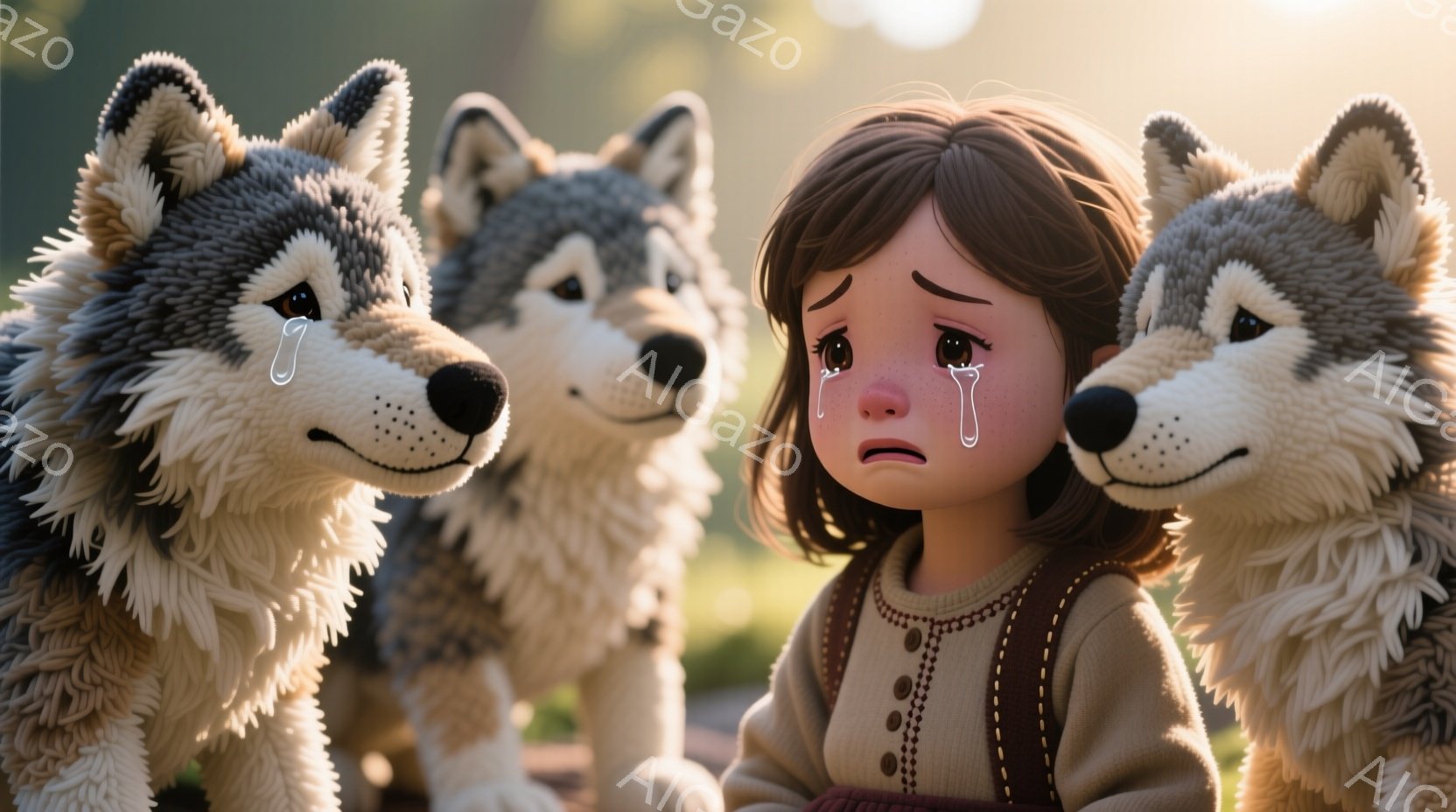 茶色の巻き毛の少女が、大きな灰色のオオカミに囲まれている。少女はベージュ色のセーターと茶色のスカートを着ており、悲しみの涙を流している。背景は緑豊かな自然で、柔らかい光が差し込み、全体的に切なく、感動 - AI生成フリー素材
