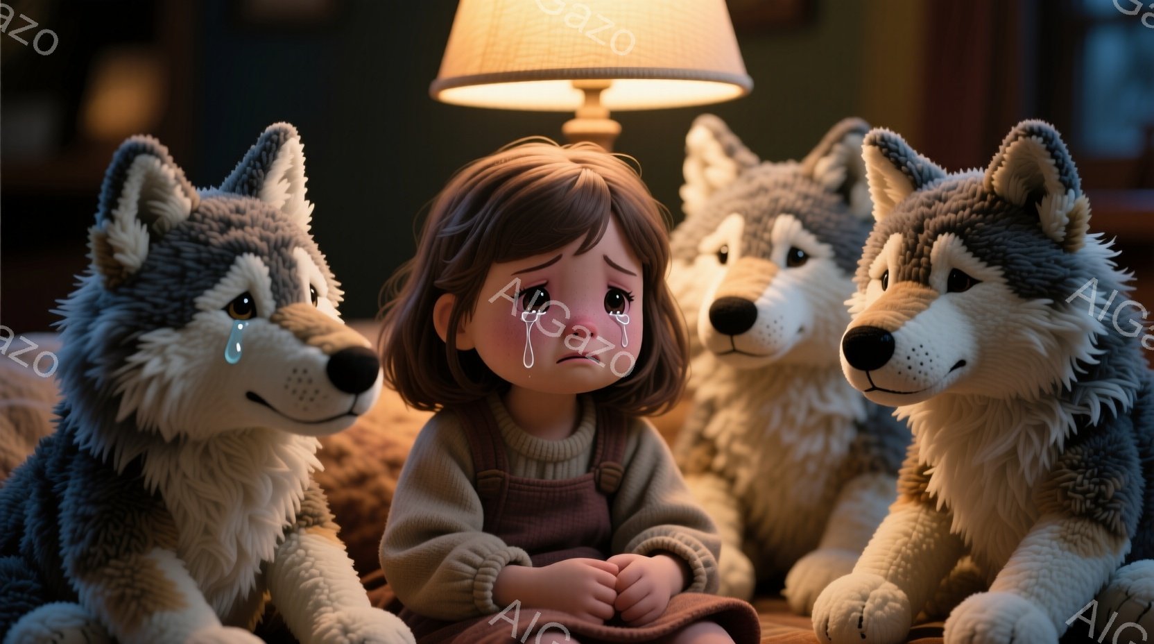 少女は泣いており、大きな涙が頬を伝っている。茶色の短い髪で、茶色のセーターとスカートを着ている。彼女はソファーに座り、両膝を抱え込んで悲しみに暮れている様子で、彼女を囲むように３匹のふわふわのオオカミ - AI生成フリー素材