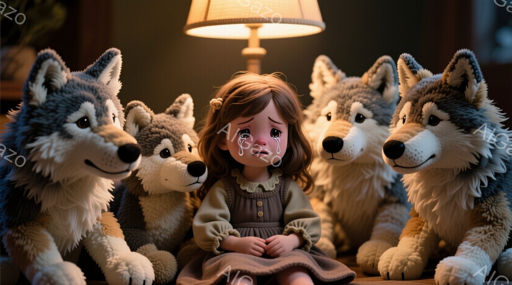 茶色の巻き毛の少女が、大きな灰色の狼のぬいぐるみ4匹に囲まれて座っています。彼女は薄いピンク色のワンピースを着ており、目に涙を浮かべています。背景には、ぼやけた家具が見え、全体的に少し不気味で不安な雰囲気です。