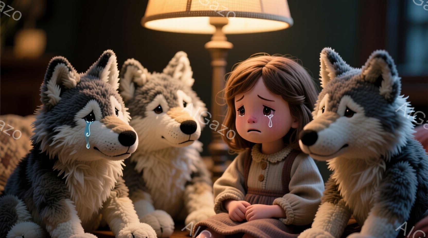 茶色の髪を三つ編みにした少女が、赤い頬と涙目で悲しんでいます。彼女は薄茶色のセーターとスカートを着て、膝を抱えて座っており、その周りをふわふわの灰色と黒の狼のぬいぐるみが3匹囲んでいます。背景には暗い部屋と温かい光を放つランプがあり、全体的に切なく、慰めを求める雰囲気です。