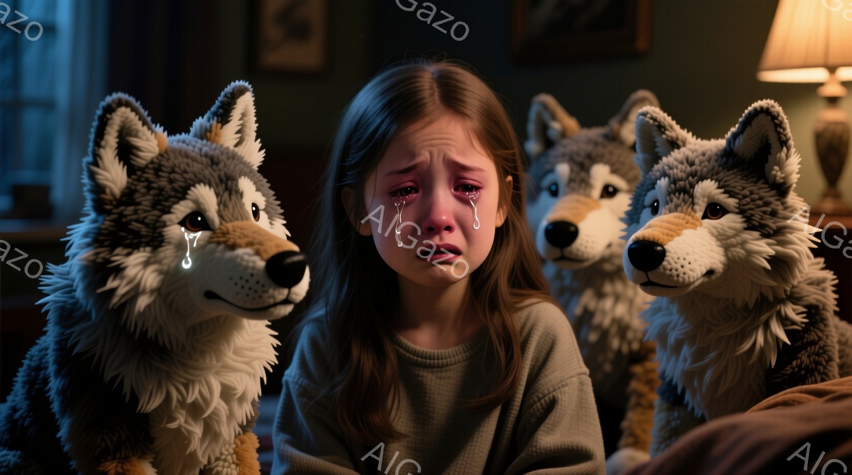 茶色の髪の少女が涙を流しており、悲しそうな表情をしています。彼女はグレーのセーターを着ており、大きなぬいぐるみのようなオオカミに囲まれています。背景は室内で、壁には絵画が飾られ、全体的に暖かく、しかし少し物悲しい雰囲気です。