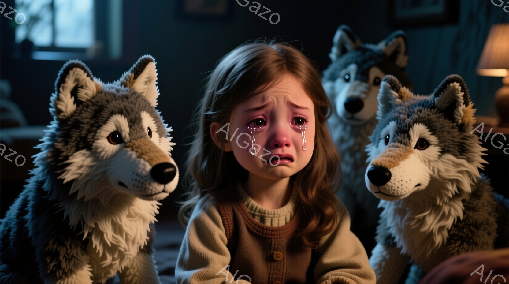 少女は涙を流し、大きな毛並みのオオカミのぬいぐるみ3匹に囲まれています。彼女はベージュ色のセーターとスカートのようなものを着ており、髪は茶色で少し乱れています。背景は暗く、部屋の一角を照らすランプの光が暖かく、不安で悲しい雰囲気を醸し出しています。