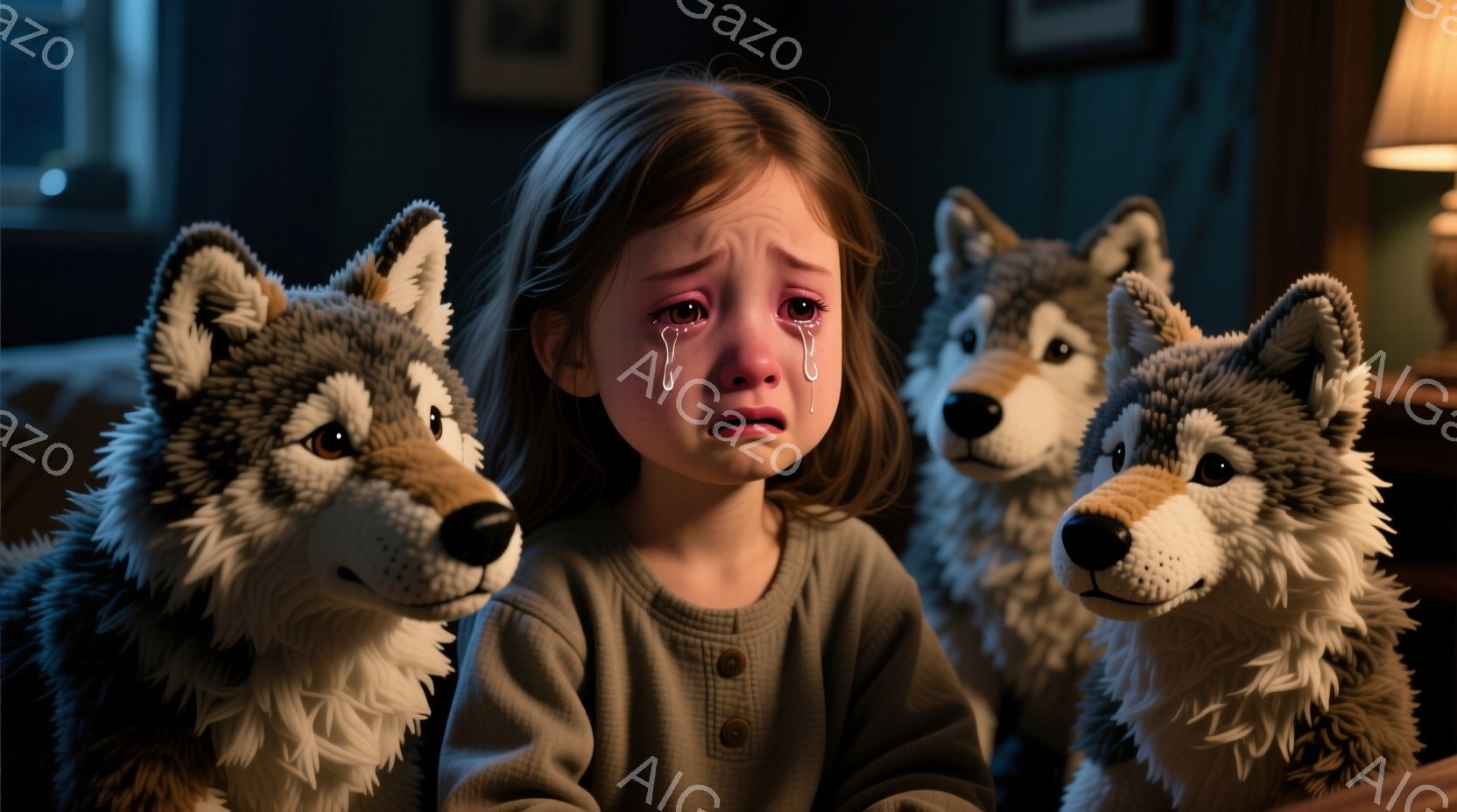 少女は泣いており、頬には涙が流れています。灰色のセーターを着ており、髪は茶色で肩まで届いています。左右には、まるで生きているかのような狼のぬいぐるみがあり、少女を心配そうに見つめています。
