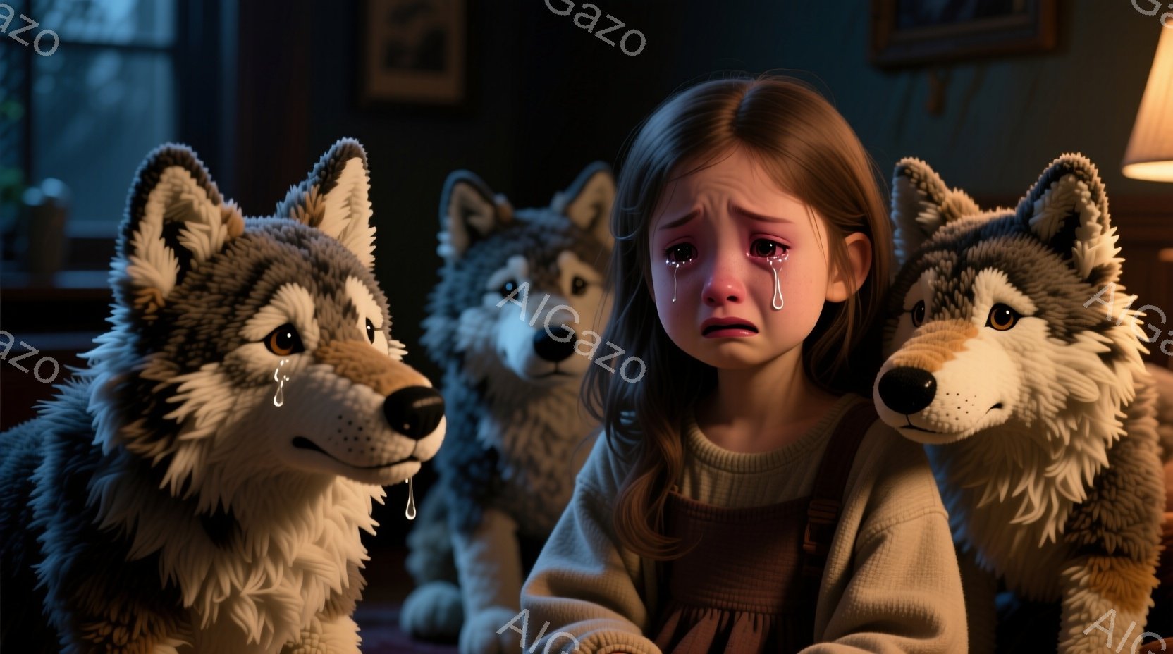 小さな女の子が、3匹のオオカミに囲まれて泣いています。彼女はセーターとオーバーオールを着ており、長い茶色の髪は肩まで伸びています。背景は薄暗い部屋で、窓からは夜の森が見え、全体的に悲しげで不安な雰囲気が漂っています。