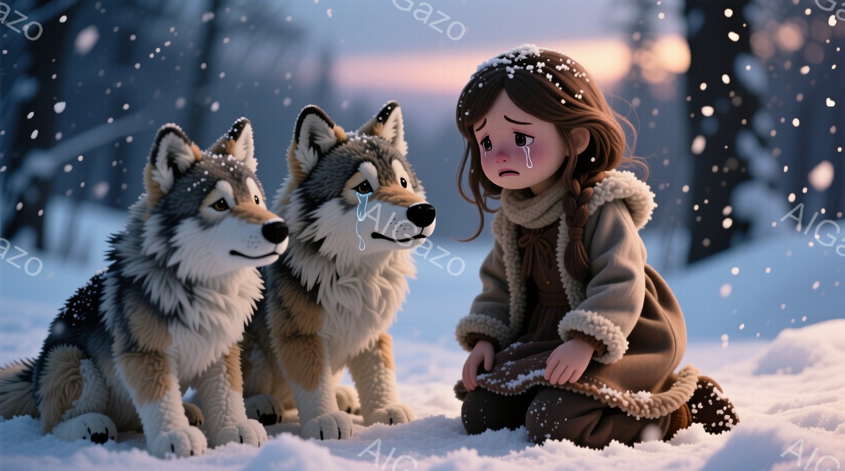 雪景色の中で座っている少女と、寄り添う2匹のハスキーが描かれています。少女は茶色の髪を三つ編みにし、茶色のコートと帽子を着用しており、涙を流して悲しんでいます。背景には、雪に覆われた木々と薄暗い空が広 - AI生成フリー素材