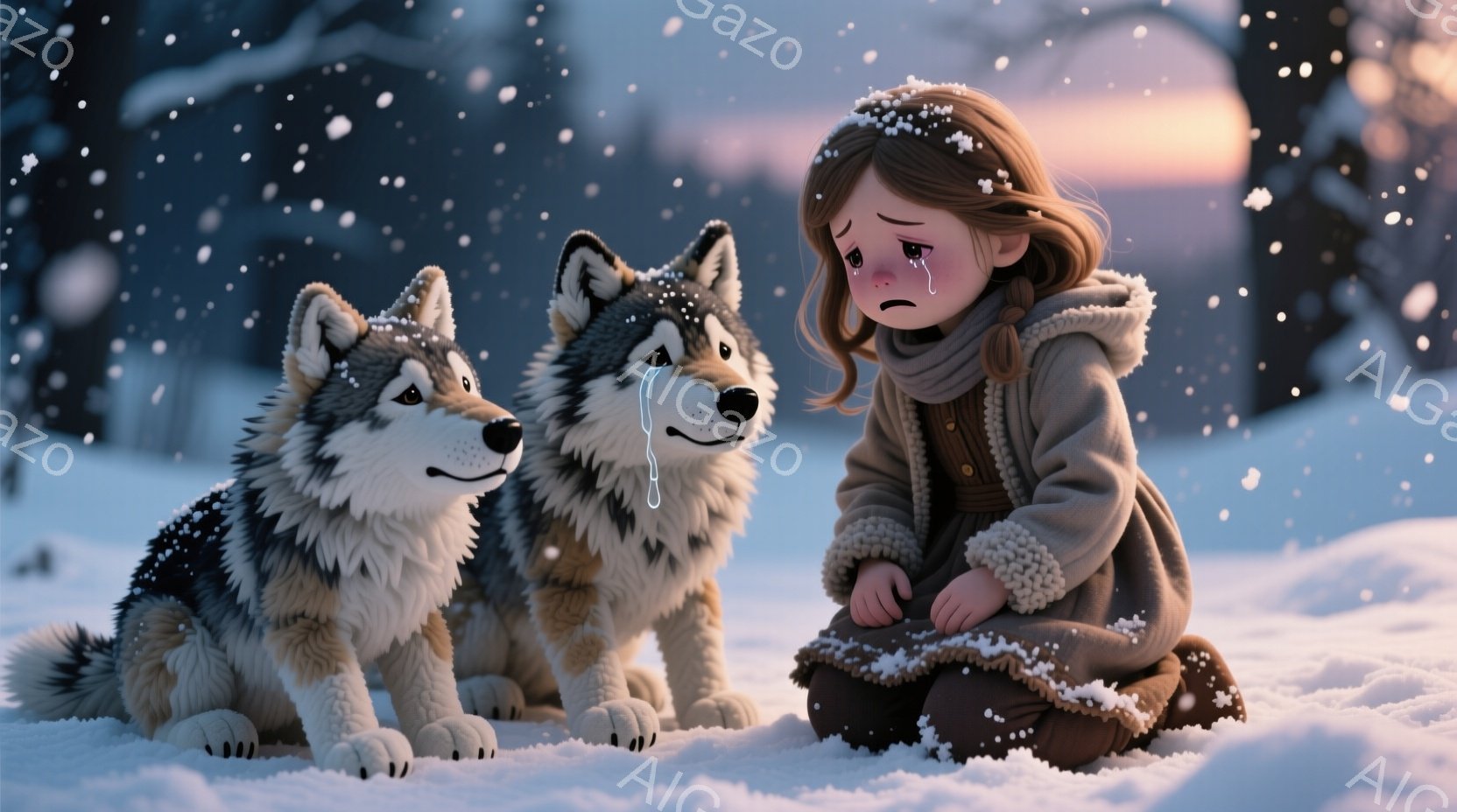 雪景色の中で、少女が2匹のオオカミと寄り添っている。少女は茶色の髪を肩まで伸ばし、赤い頬と涙でいっぱいの顔をしている。彼女は濃い茶色のコートを着て、膝を抱え、悲しみに暮れているように見える。