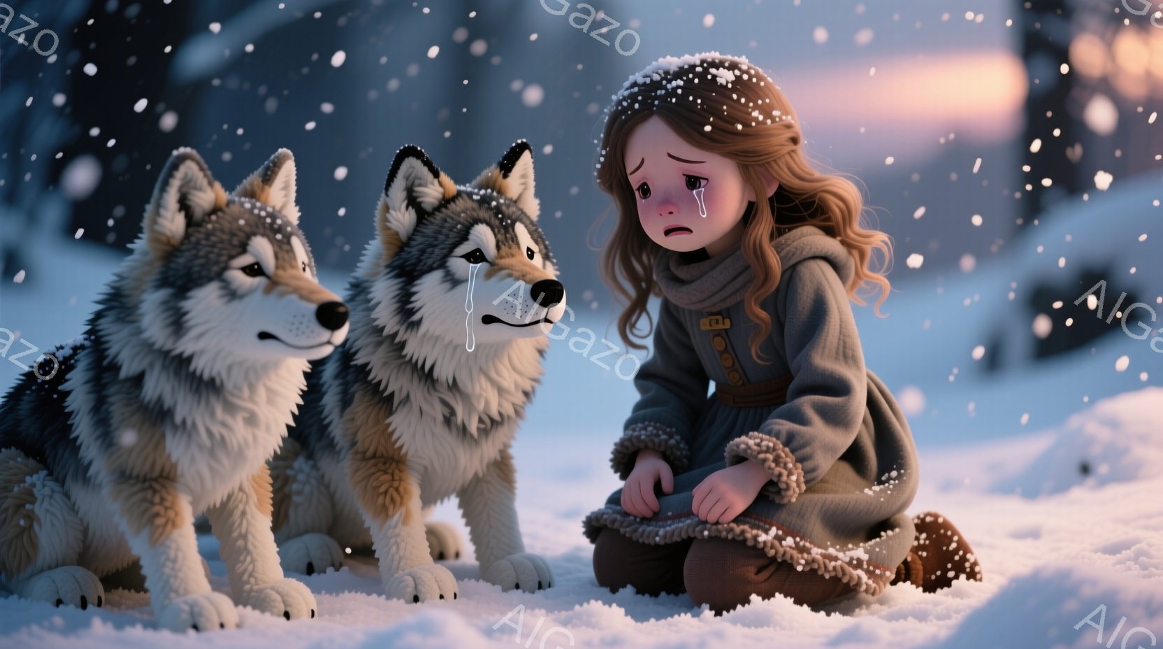 雪景色の中で、少女が2匹のハスキー犬に寄り添って座り、涙を流しています。少女は茶色の巻き髪で、ファー付きのジャケットとスカートを着ています。背景は雪に覆われた風景で、穏やかで切ない雰囲気が漂っています。