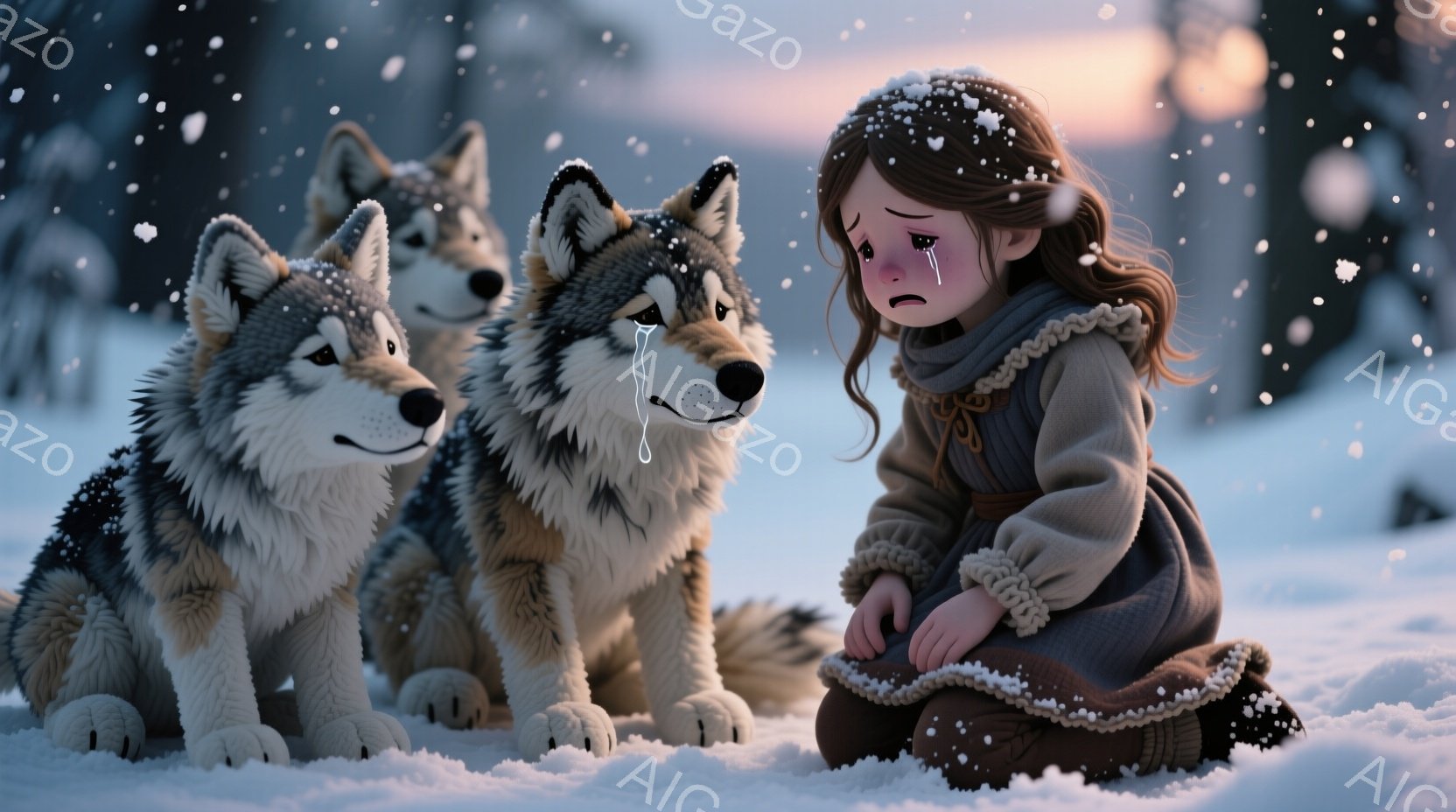 雪景色の中に、少女が膝を抱えて座り、涙を流している。少女は、飾り編みが施された茶色のドレスを着ており、ゆるく編み込まれた茶髪が肩にかかっている。三匹のオオカミが少女の周りに座り、心配そうな表情で少女を - AI生成フリー素材