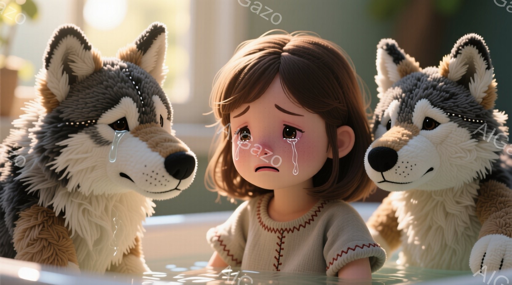 茶色の短い巻き毛の少女が、大きな水槽の中でおとなしく座っており、悲しげな表情で涙を流しています。彼女はベージュ色のセーターを着ており、左右には毛並みの美しいハスキー犬が寄り添い、同じように涙を流しています。水面は穏やかで、背景はぼやけており、全体的に憂いを帯びた、感情的な雰囲気が漂っています。