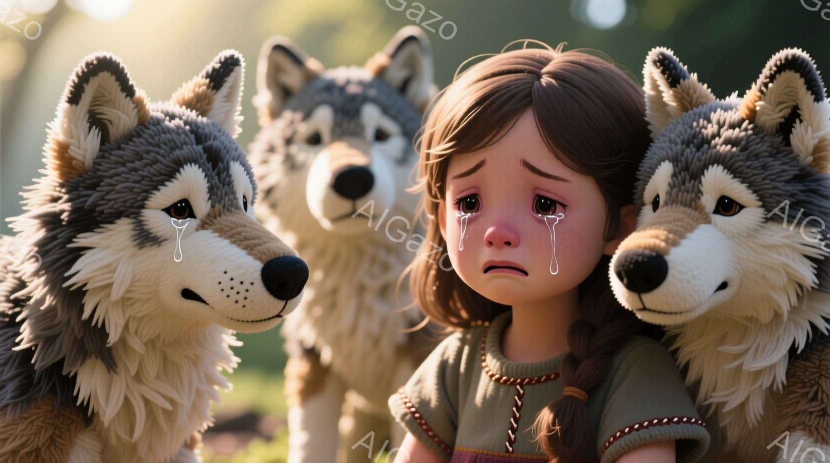 茶色の髪を三つ編みにした幼い少女が、涙を浮かべた表情で、左右に灰色の毛並みのオオカミに囲まれています。少女は緑と茶色の縁取りが施された長袖のシャツを着ており、悲しみと不安が感じられます。背景は緑豊かな草原で、太陽光が差し込み、どこか幻想的な雰囲気を醸し出しています。