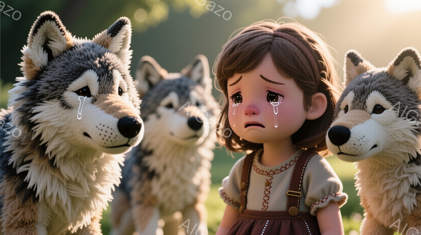 茶色く巻き毛の少女が、３匹の灰色の狼に囲まれています。少女は茶色のオーバーオールのような服を着ており、大きな涙を流して悲しんでいます。背景は緑豊かな草原で、柔らかい光が差し込み、どこか切なく、心を揺さぶる雰囲気です。