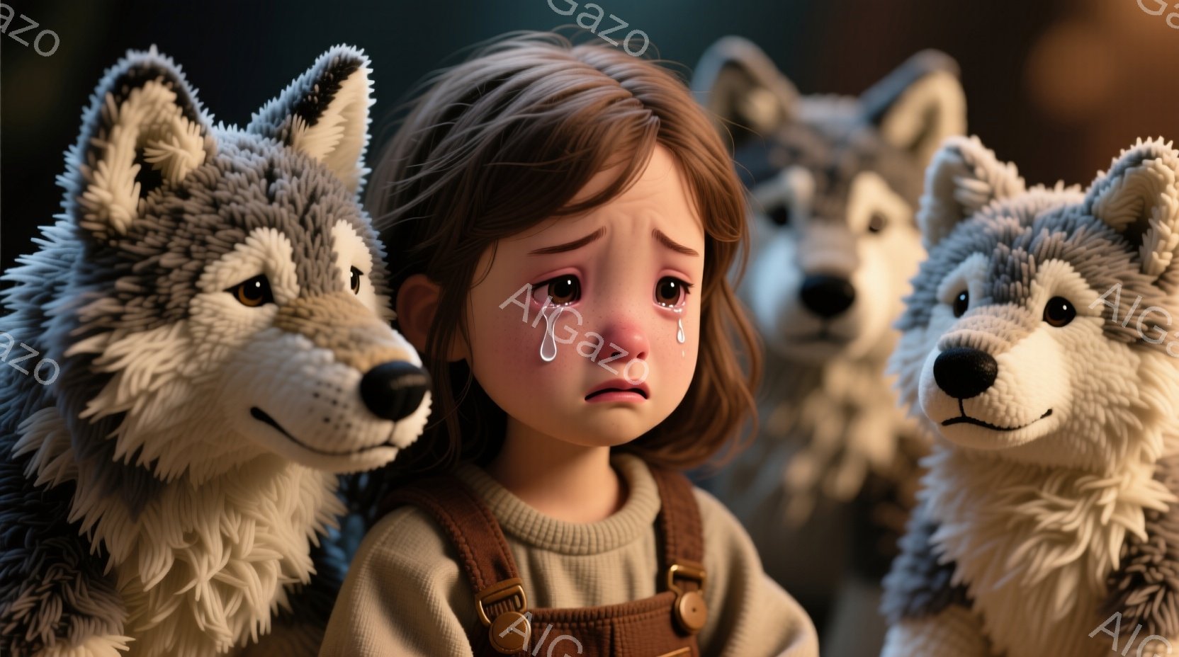 茶髪の少女が泣いており、頬には涙が浮かんでいる。ベージュ色のオーバーオールを着ており、周囲には4匹の灰色と白のオオカミに囲まれている。背景は暗く、ぼやけており、全体的に悲しみと不安な雰囲気が漂っている。