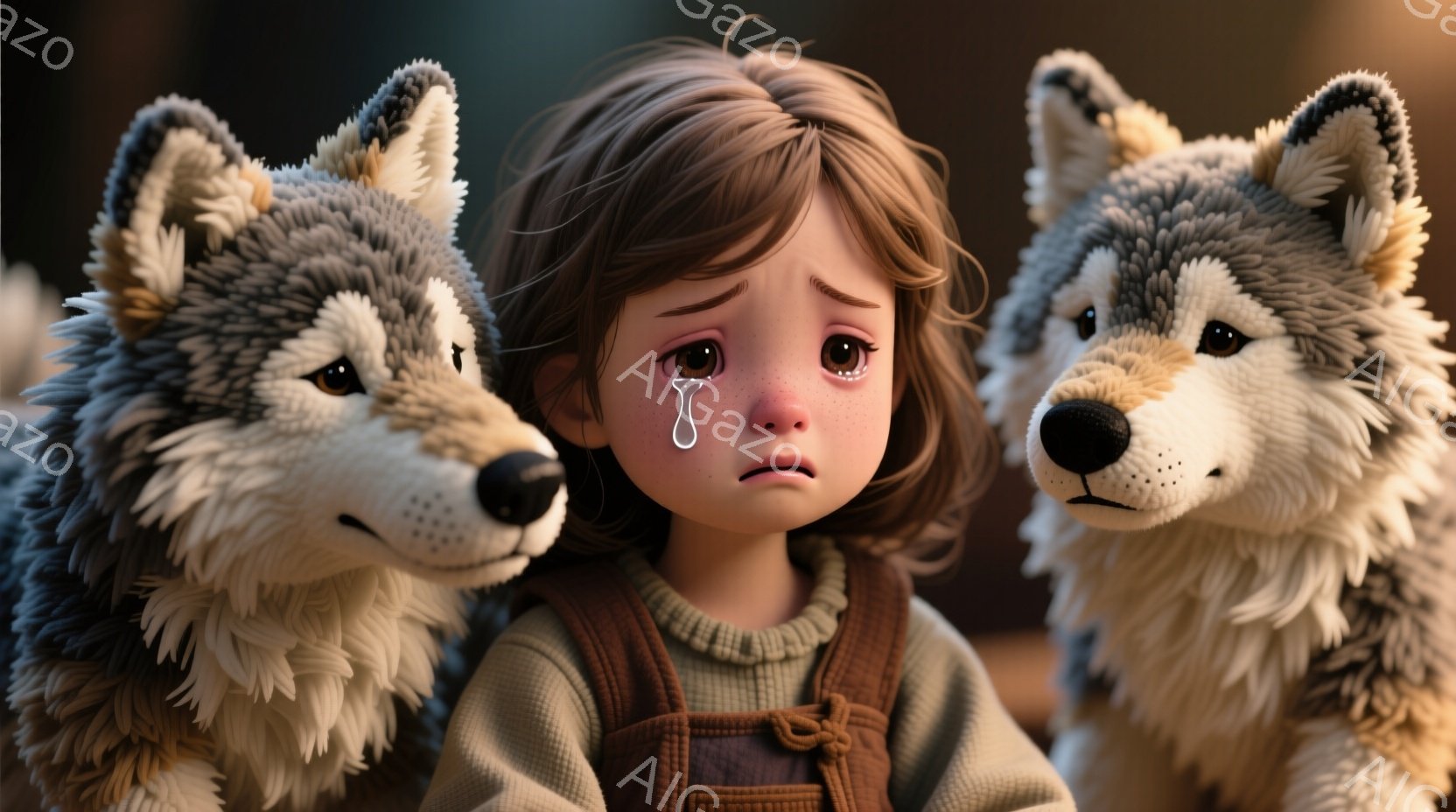 涙を流す若い女の子を中心に、左右に狼が寄り添っている様子を描いています。女の子は茶色のカールした髪を持ち、ベージュのセーターとオーバーオールを着ており、悲しそうな表情をしています。背景は暗くぼやけてお - AI生成フリー素材
