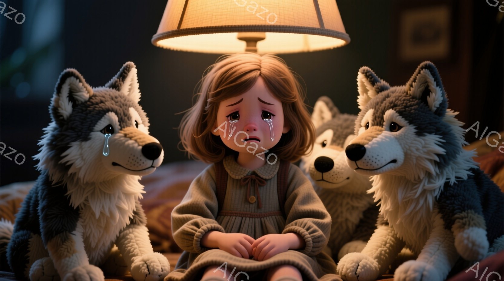 小さな女の子が悲しそうな表情で座っており、彼女の周りには3匹の毛皮のようなオオカミがいます。女の子は茶色の短い髪で、灰色のドレスを着て、両手で膝を抱えています。背景は暗く、暖色系のテーブルランプが彼女たちを照らし、全体的に寂しげで切ない雰囲気を醸し出しています。