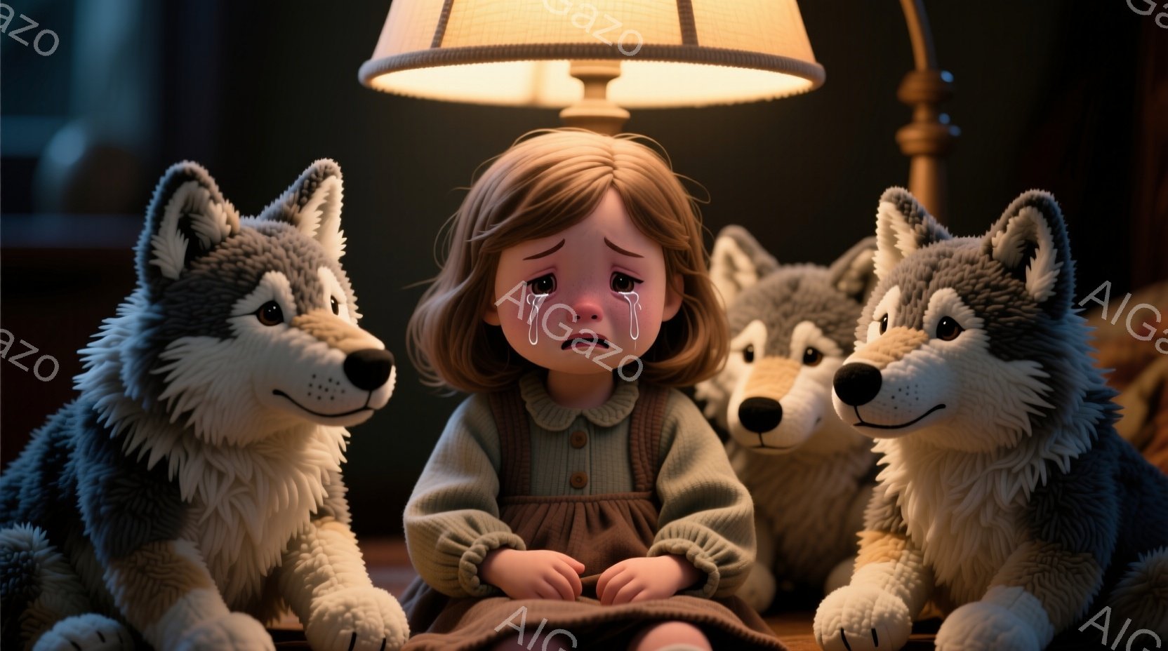幼い少女が、大きな３匹のオオカミに囲まれて座っています。少女は茶色の巻き毛で、膝の上に手を置き、悲しみの涙を流しています。背景は暗く、テーブルの上にランプが置かれており、暖かく少し不気味な雰囲気を作り - AI生成フリー素材